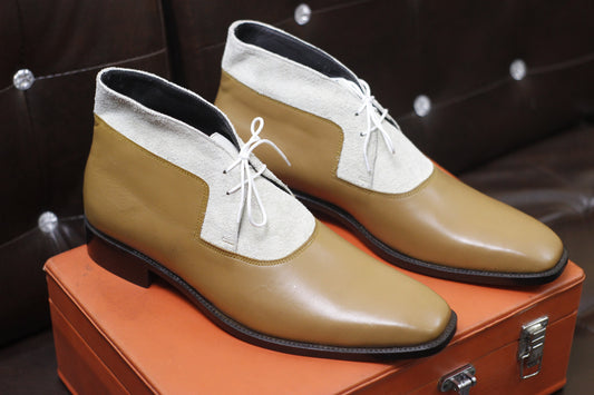 New Men's Handmade Formal Shoes Tan & White Leather Ankle High Lace Up Stylish Chukka Dress / Formal Wear Boots