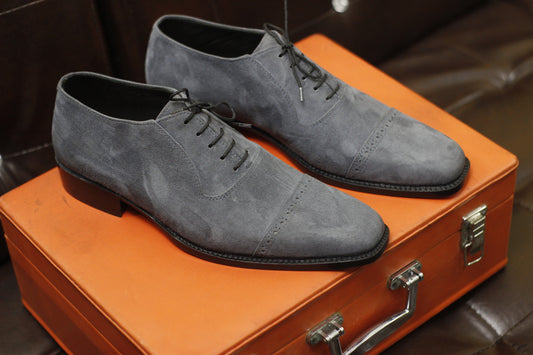 New Men's Handmade Formal Shoes Grey Suede Leather Lace Up Stylish Cap Toe Dress & Casual Wear Shoes