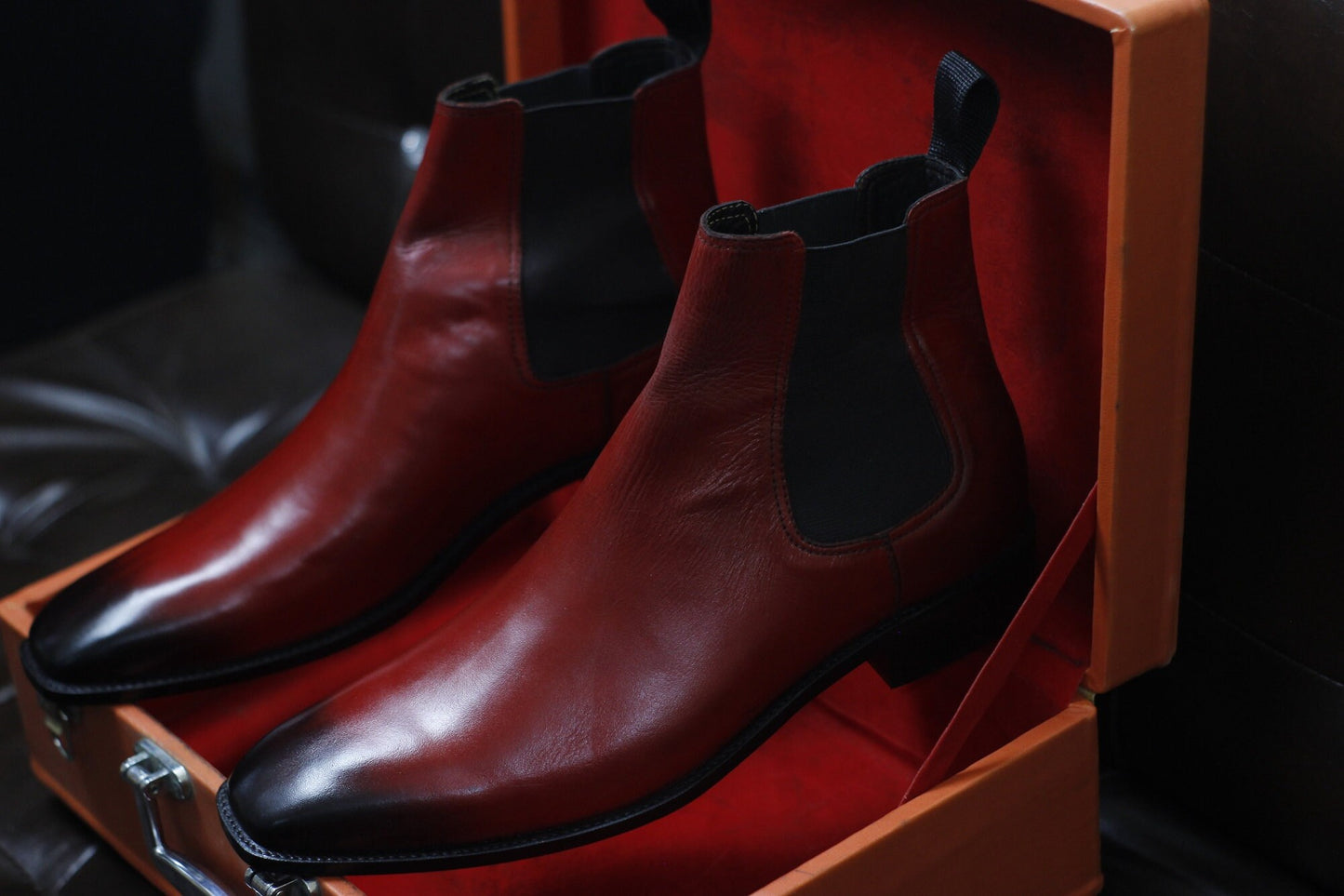 New Men's Handmade Formal Shoes Red Shaded Leather Pull On Ankle High Stylish Chelsea Boots