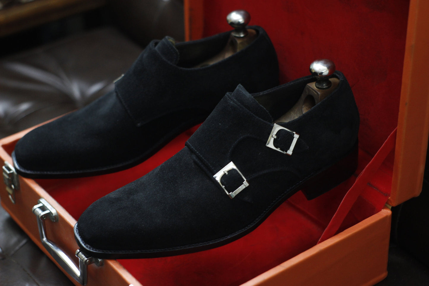 New Men's Handmade Formal Shoes Black Suede Leather Double Monk Stylish Buckle Strap Dress & Formal Wear Shoes