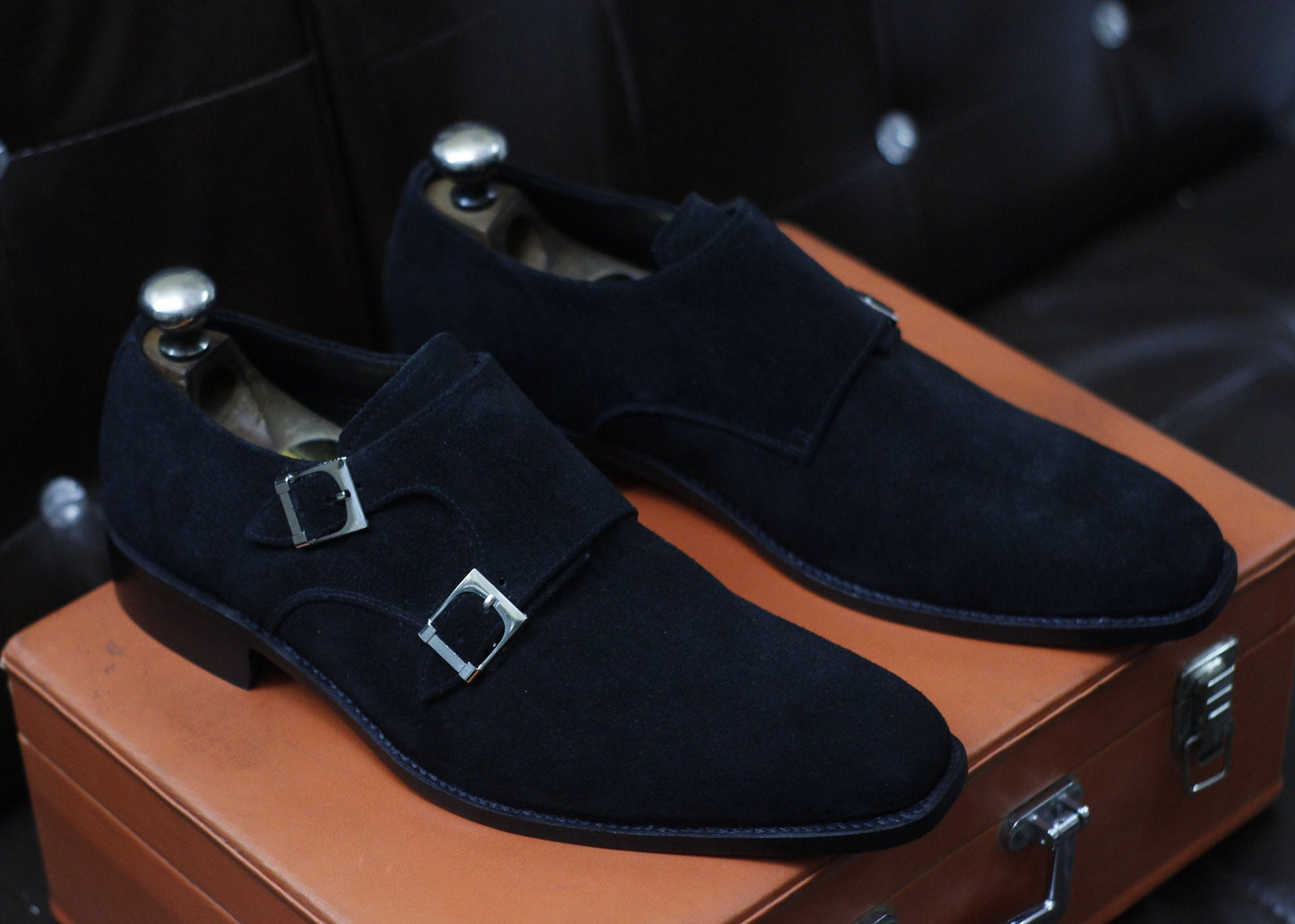 New Men's Handmade Formal Shoes Black Suede Leather Double Monk Stylish Buckle Strap Dress & Formal Wear Shoes