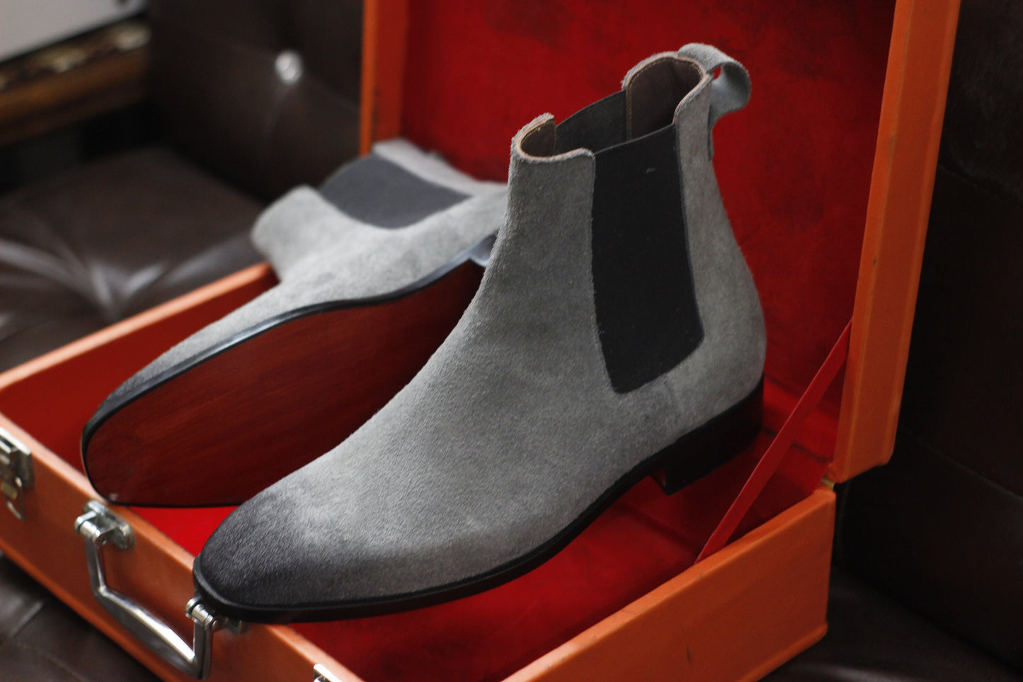 New Men's Handmade Formal Shoes Grey Shaded Suede Leather Pull On Ankle High Stylish Chelsea Boots