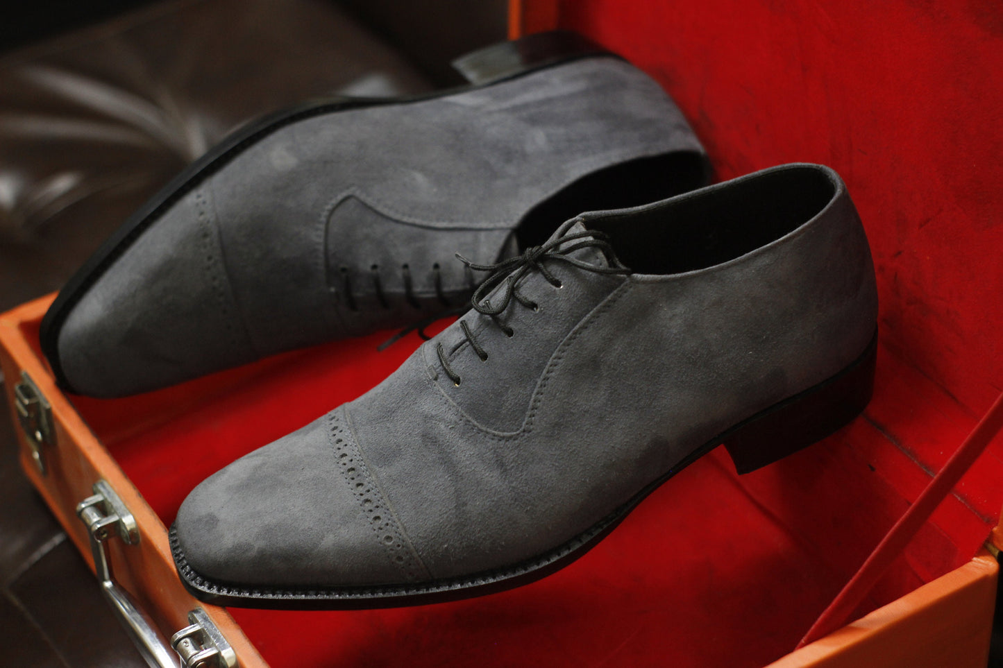 New Men's Handmade Formal Shoes Grey Suede Leather Lace Up Stylish Cap Toe Dress & Casual Wear Shoes