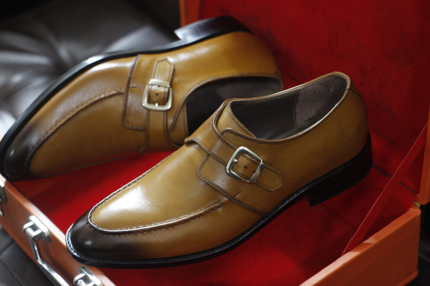 New Men's Handmade Buckle Shoes Tan Brown Leather Single Monk Stylish Dress & Formal Wear Shoes