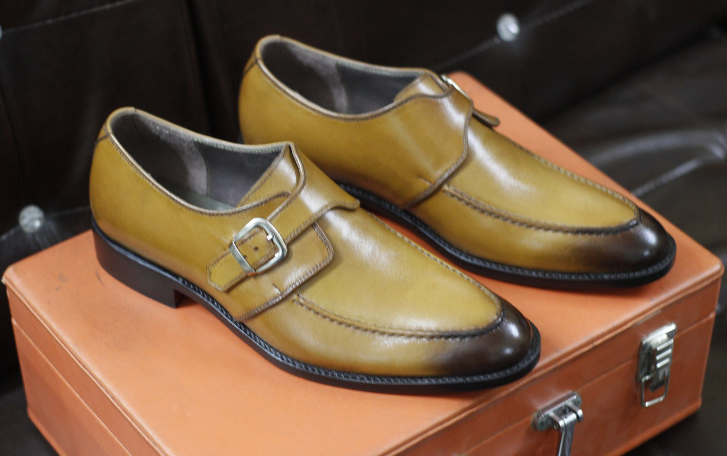 New Men's Handmade Buckle Shoes Tan Brown Leather Single Monk Stylish Dress & Formal Wear Shoes