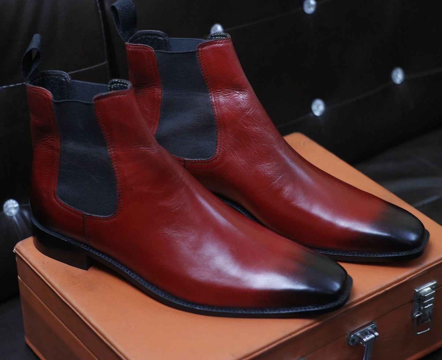 New Men's Handmade Formal Shoes Red Shaded Leather Pull On Ankle High Stylish Chelsea Boots