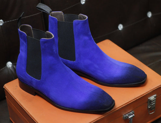 New Men's Handmade Formal Shoes Blue Shaded Suede Leather Pull On Ankle High Stylish Chelsea Boots