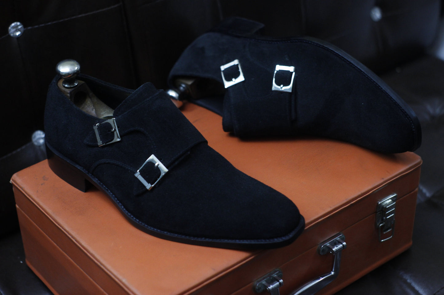 New Men's Handmade Formal Shoes Black Suede Leather Double Monk Stylish Buckle Strap Dress & Formal Wear Shoes