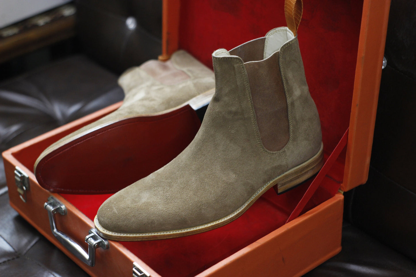 New Men's Handmade Formal Shoes Beige Suede Leather Pull On Ankle High Stylish Chelsea Boots