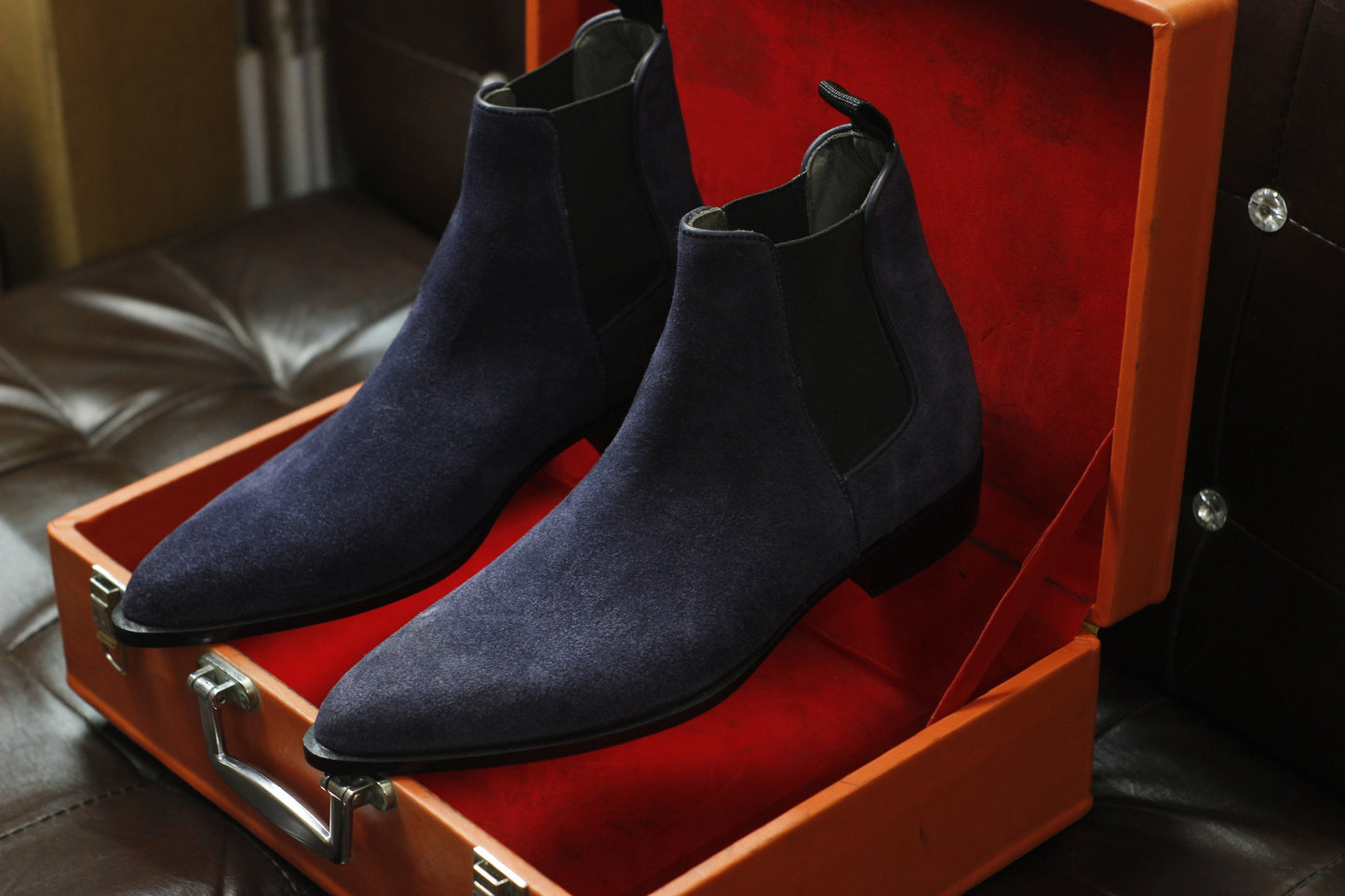 New Men's Handmade Formal Shoes Navy Blue Suede Leather Pull On Ankle High Stylish Chelsea Boots