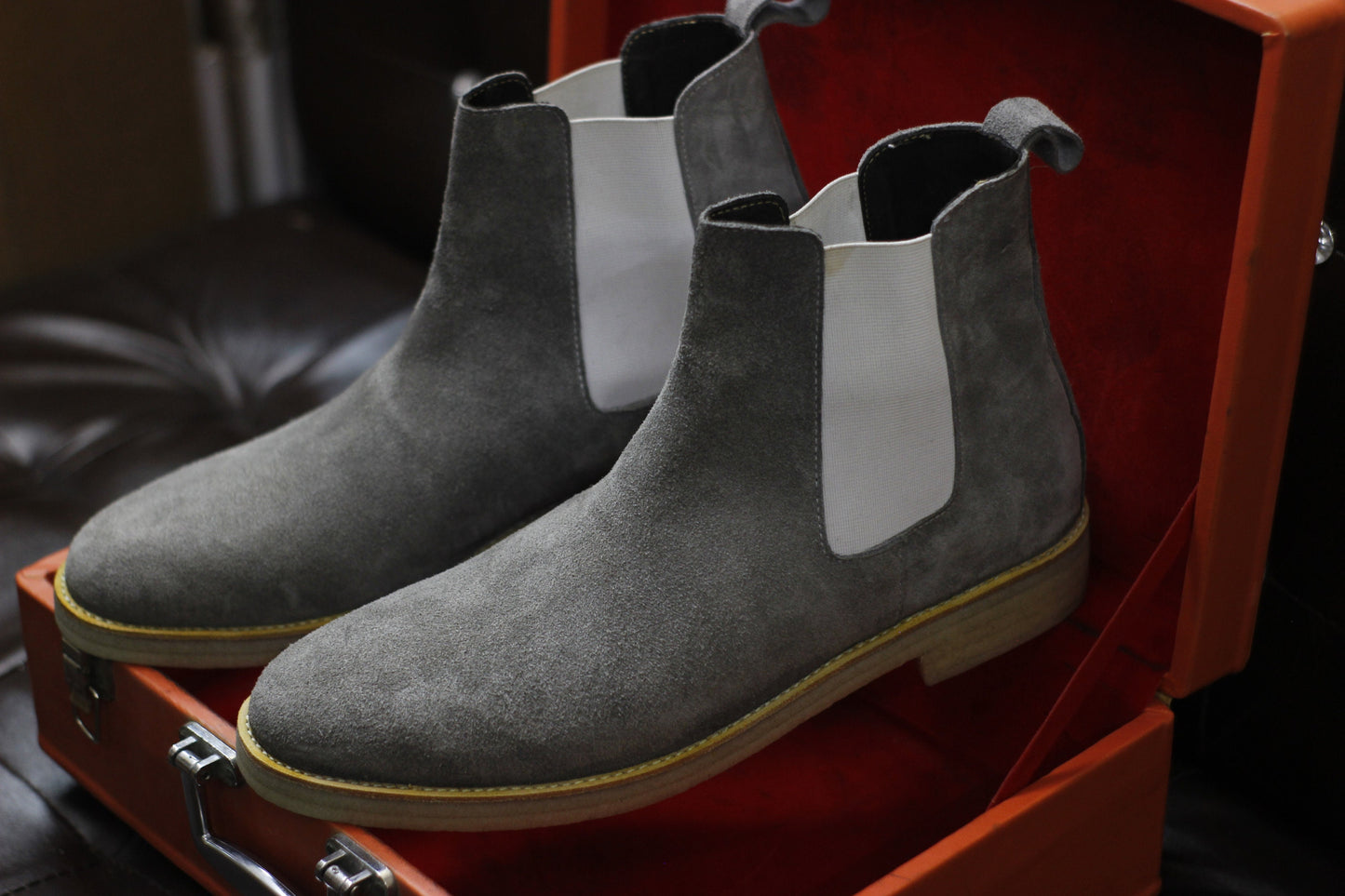 New Men's Handmade Formal Shoes Grey Suede Leather Pull On Ankle High Stylish Crape Sole Chelsea Boots