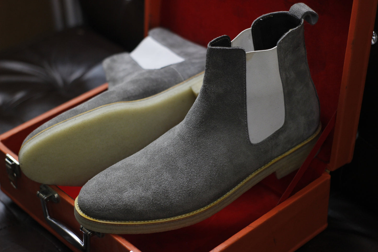 New Men's Handmade Formal Shoes Grey Suede Leather Pull On Ankle High Stylish Crape Sole Chelsea Boots