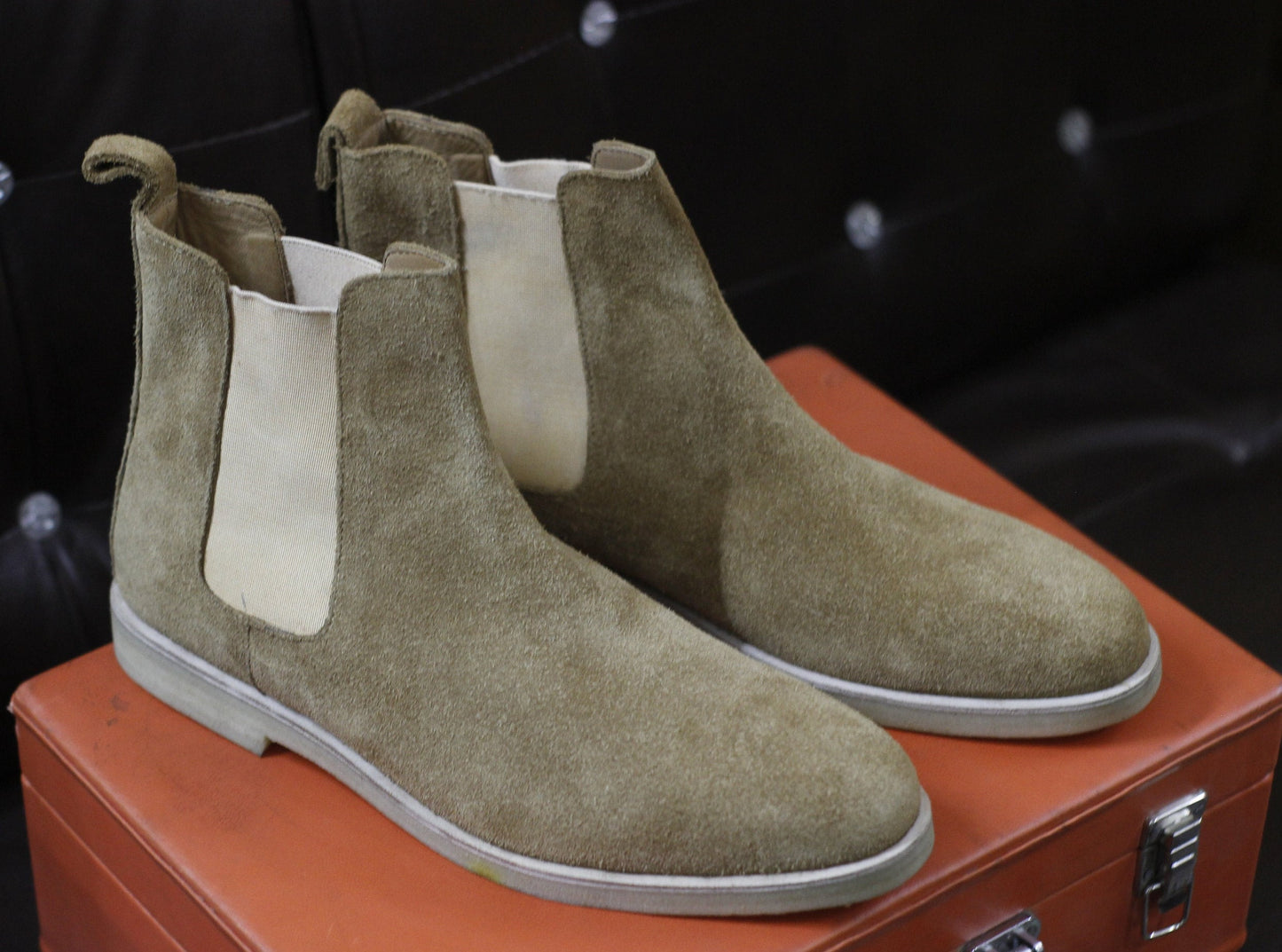 New Men's Handmade Formal Shoes Beige Suede Leather Pull On Ankle High Stylish Crape Sole Chelsea Boots