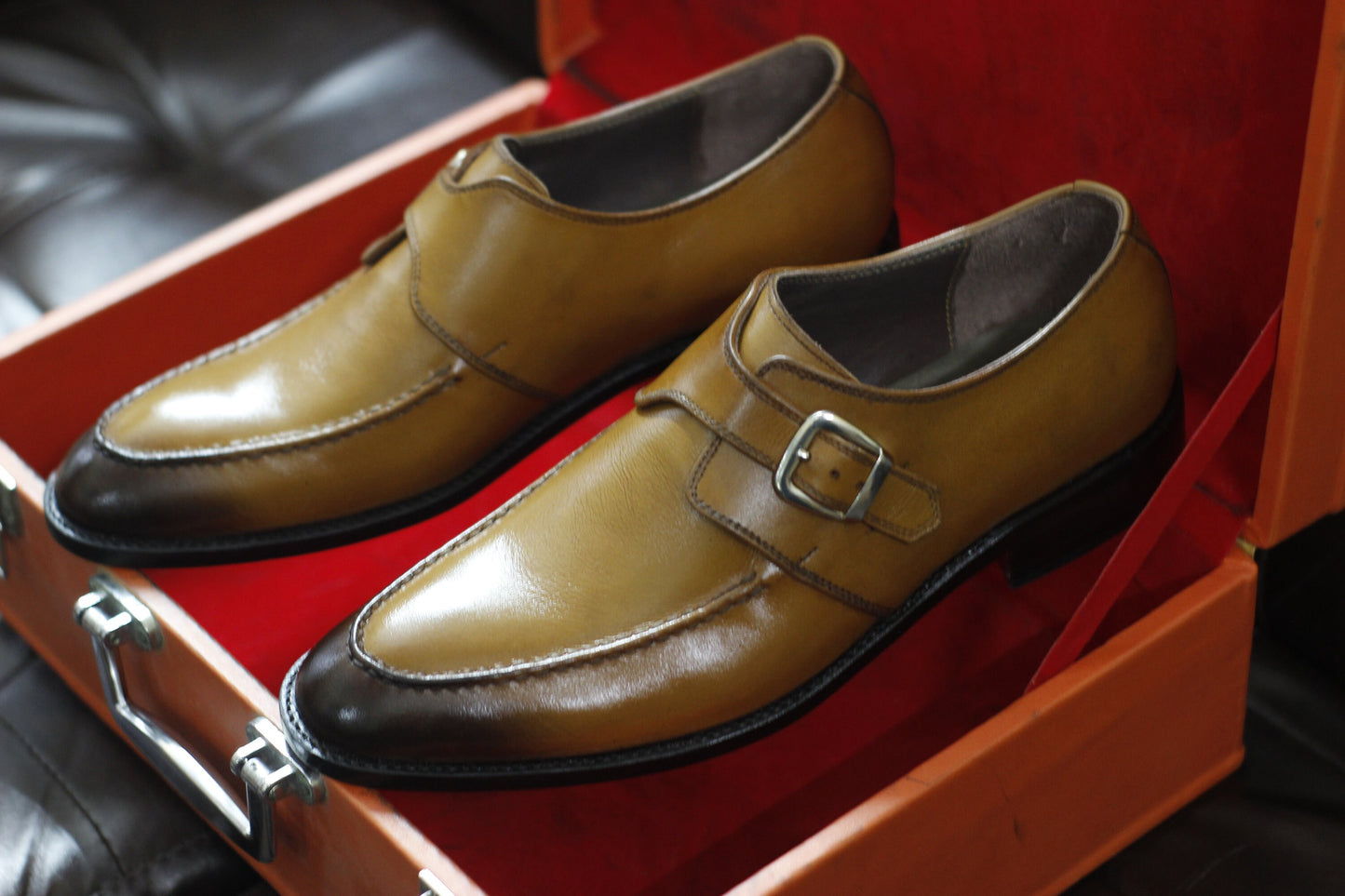 New Men's Handmade Buckle Shoes Tan Brown Leather Single Monk Stylish Dress & Formal Wear Shoes