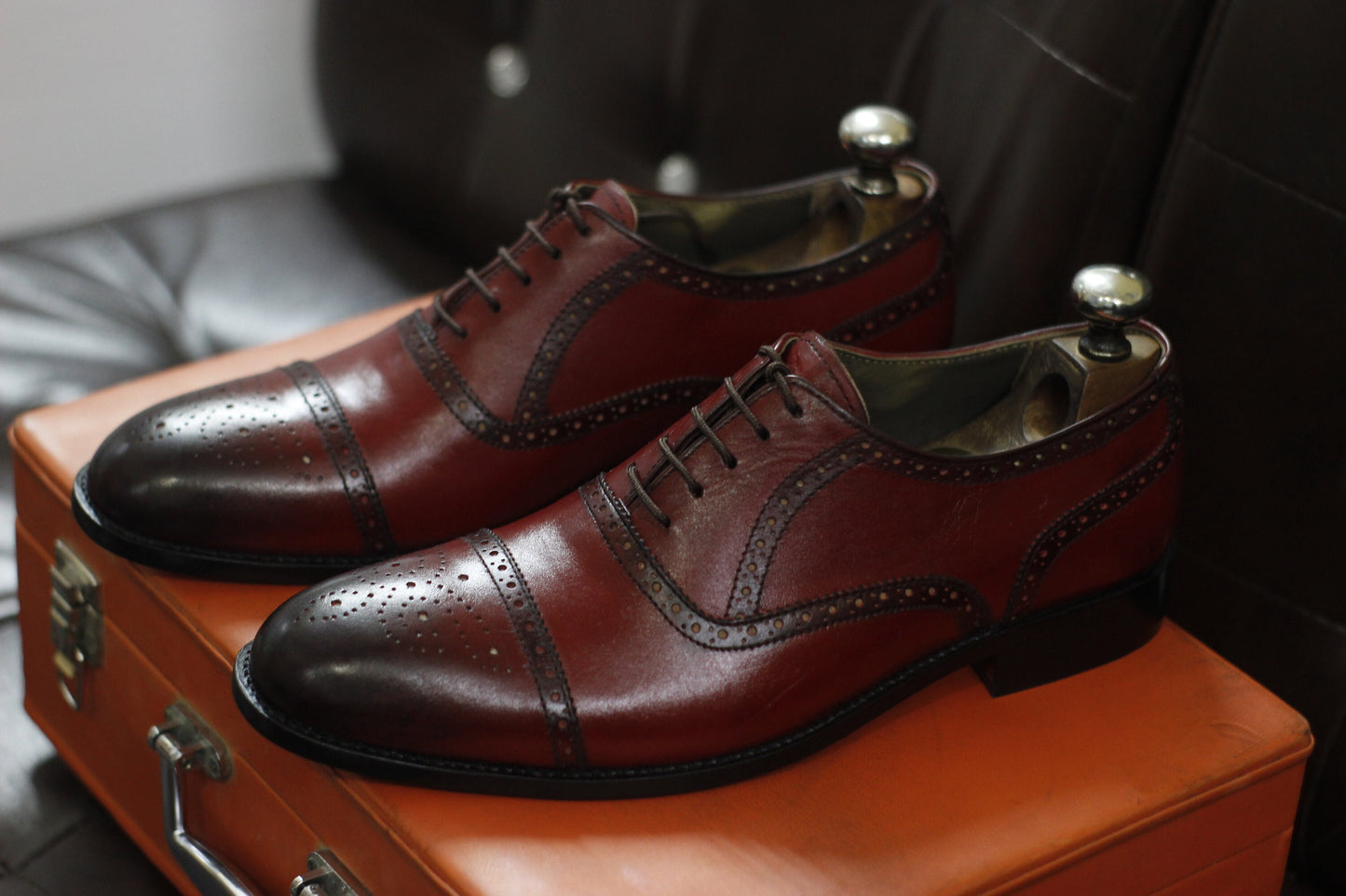 New Men's Handmade Formal Shoes Burgundy Shaded Leather Cap Toe , Lace Up Stylish Dress & Casual Wear Shoes