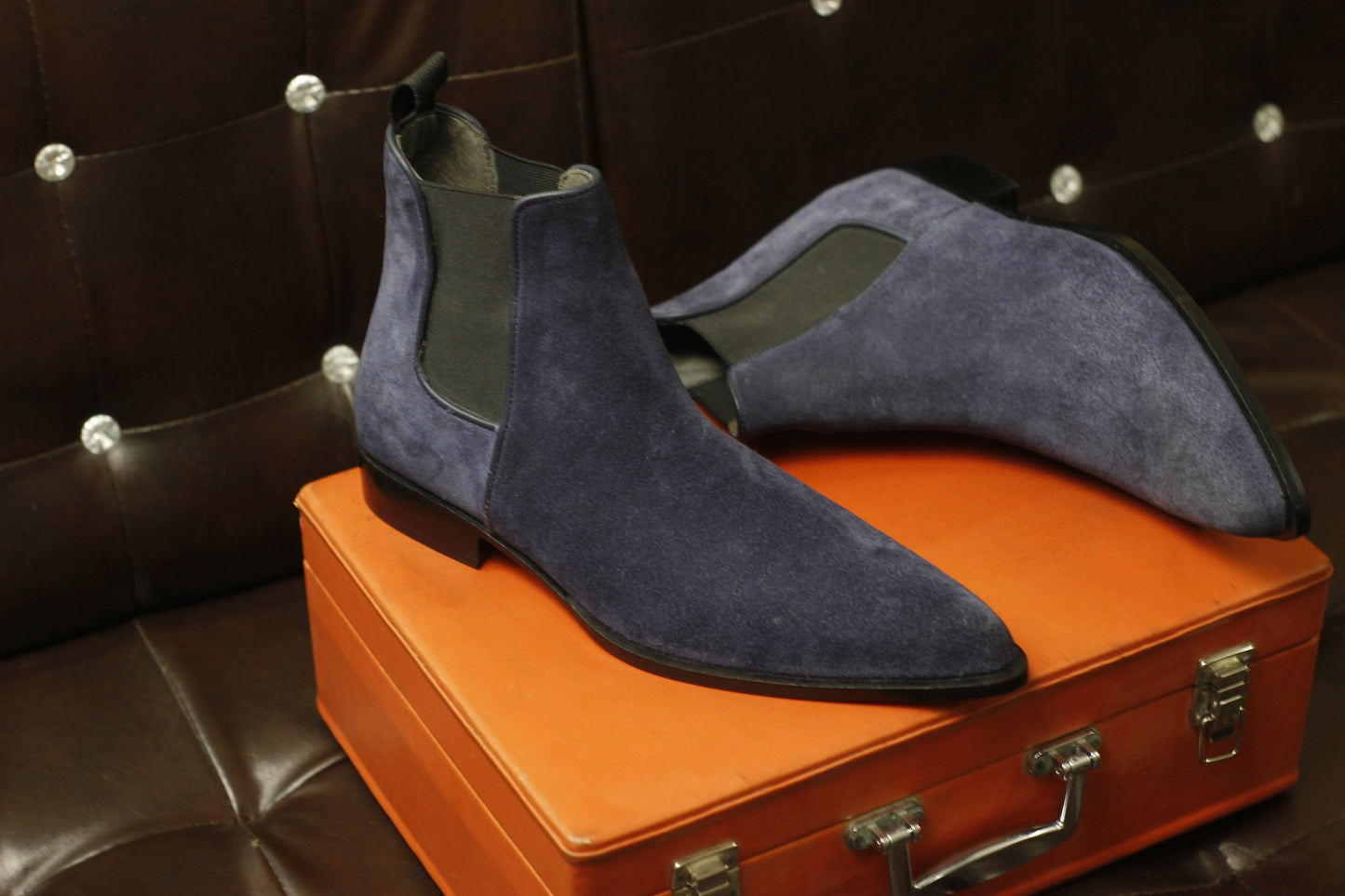 New Men's Handmade Formal Shoes Navy Blue Suede Leather Pull On Ankle High Stylish Chelsea Boots