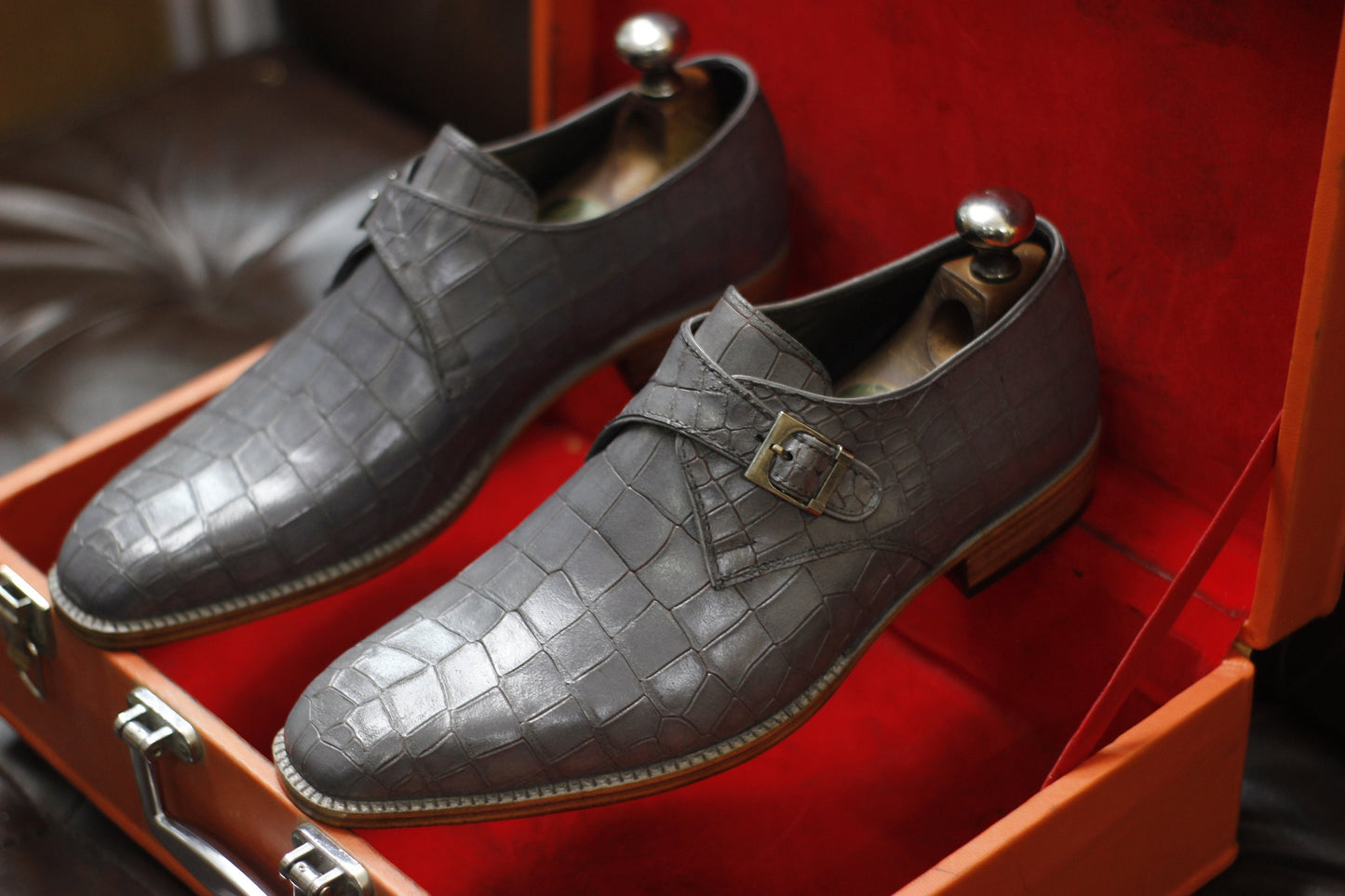 New Men's Handmade Buckle Shoes Grey Crocodile Textured Leather Single Monk Stylish Buckle Dress & Formal Wear Shoes