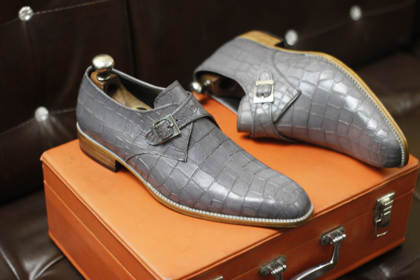 New Men's Handmade Buckle Shoes Grey Crocodile Textured Leather Single Monk Stylish Buckle Dress & Formal Wear Shoes