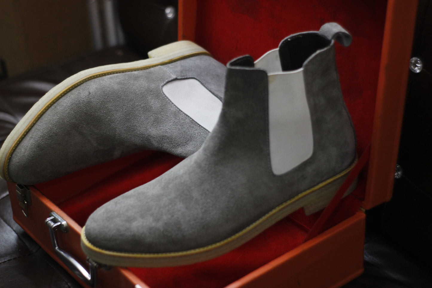 New Men's Handmade Formal Shoes Grey Suede Leather Pull On Ankle High Stylish Crape Sole Chelsea Boots