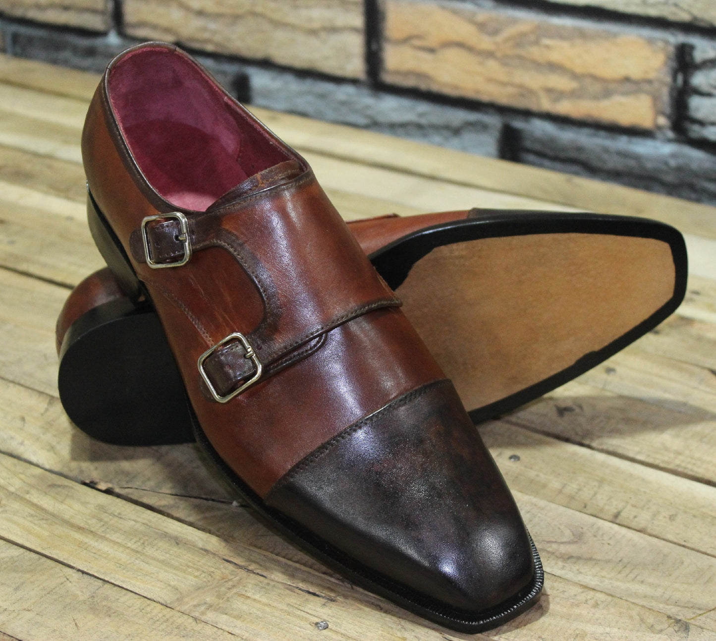 New Men's Handmade Formal Shoes Two Tone Burgundy Shaded Leather Double Monk Stylish Buckle Strap Dress & Formal Wear Shoes