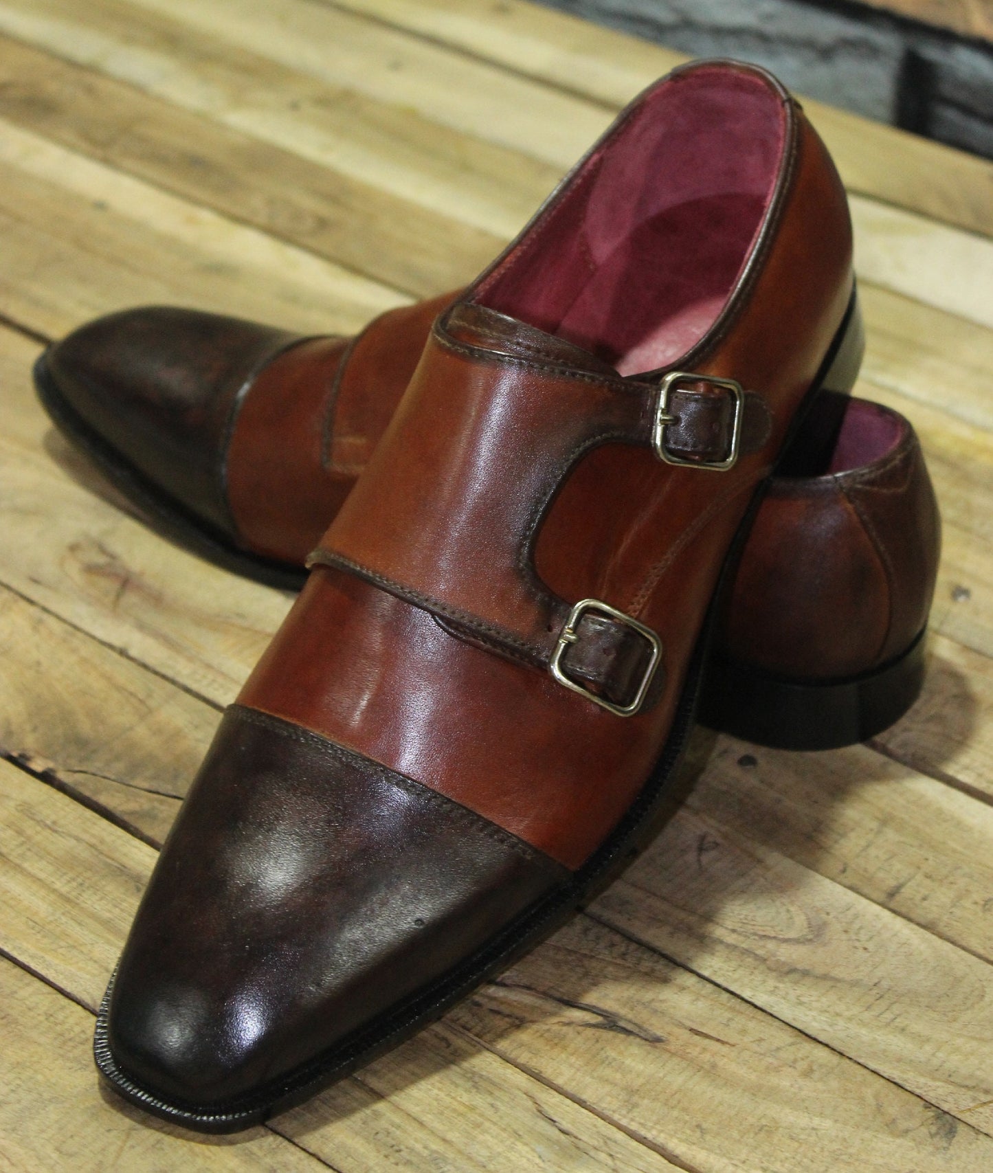 New Men's Handmade Formal Shoes Two Tone Burgundy Shaded Leather Double Monk Stylish Buckle Strap Dress & Formal Wear Shoes