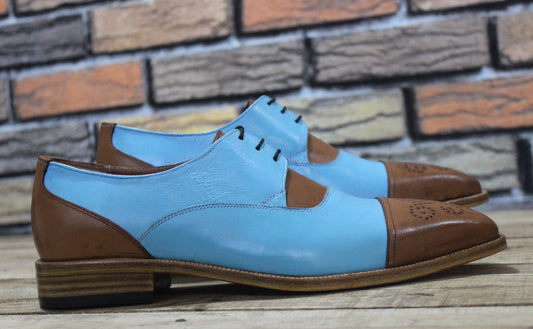 New Men's Handmade Formal Shoes Two Tone Blue & Brown Leather Lace Up Stylish Cap Toe Brogue Dress / Casual Wear Shoes