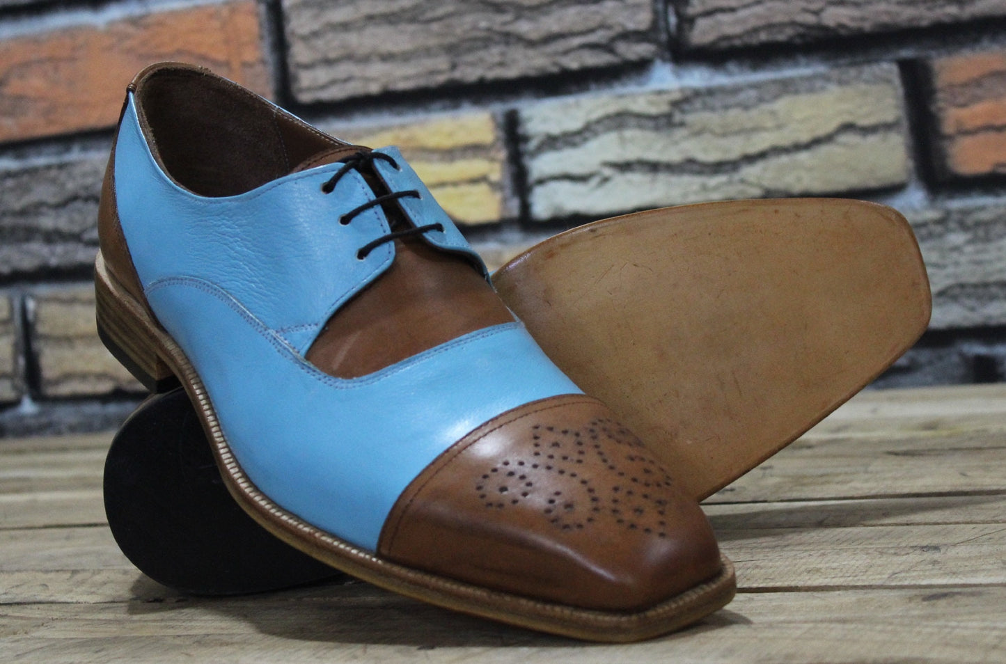 New Men's Handmade Formal Shoes Two Tone Blue & Brown Leather Lace Up Stylish Cap Toe Brogue Dress / Casual Wear Shoes