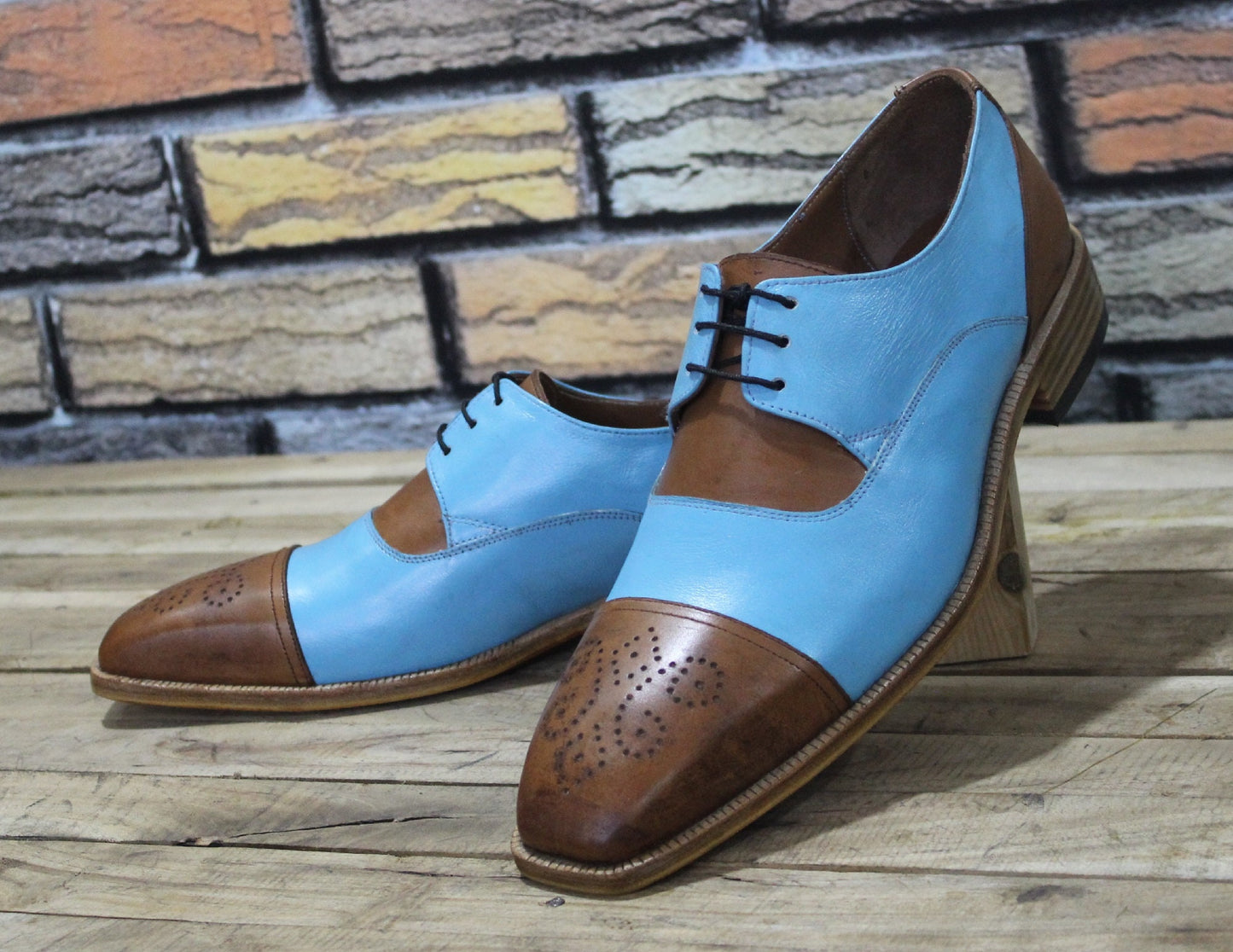 New Men's Handmade Formal Shoes Two Tone Blue & Brown Leather Lace Up Stylish Cap Toe Brogue Dress / Casual Wear Shoes