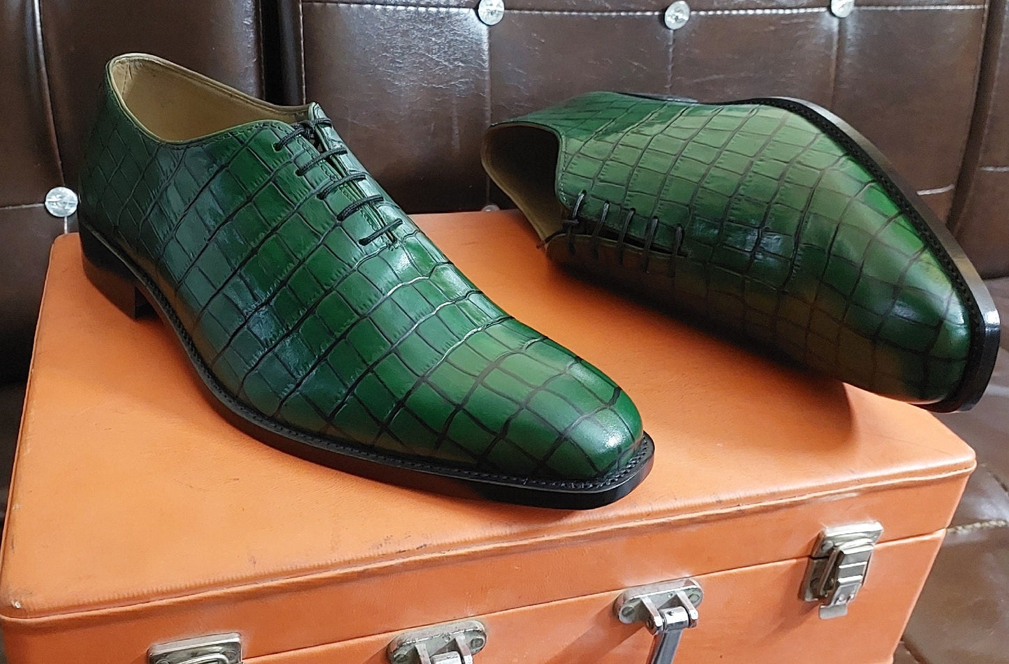 New Men's Handmade Formal Shoes Green Crocodile Textured Leather Lace Up Stylish Dress & Casual Wear Shoes