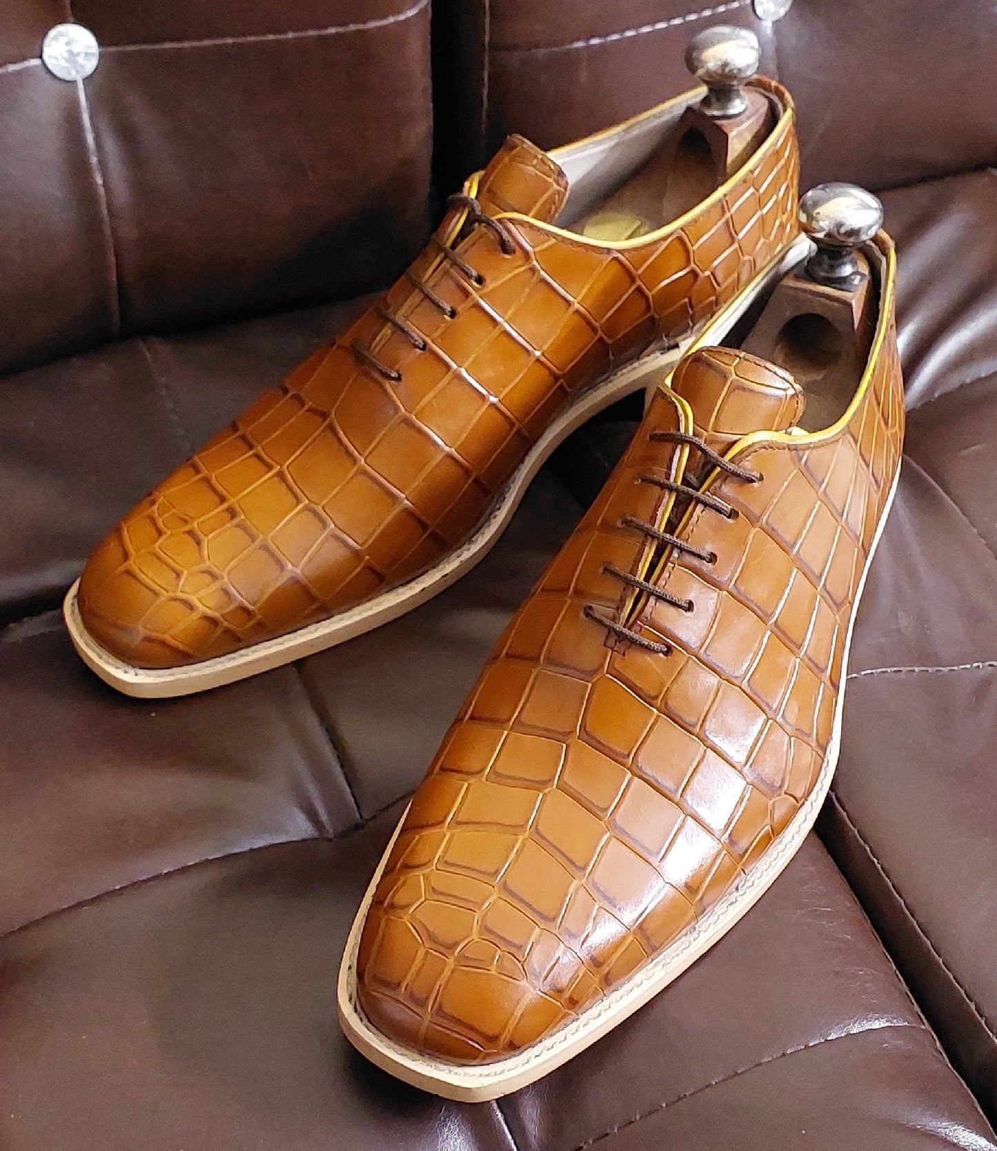 New Men's Handmade Formal Shoes Brown Crocodile Textured Leather Lace Up Stylish Dress & Casual Wear Shoes