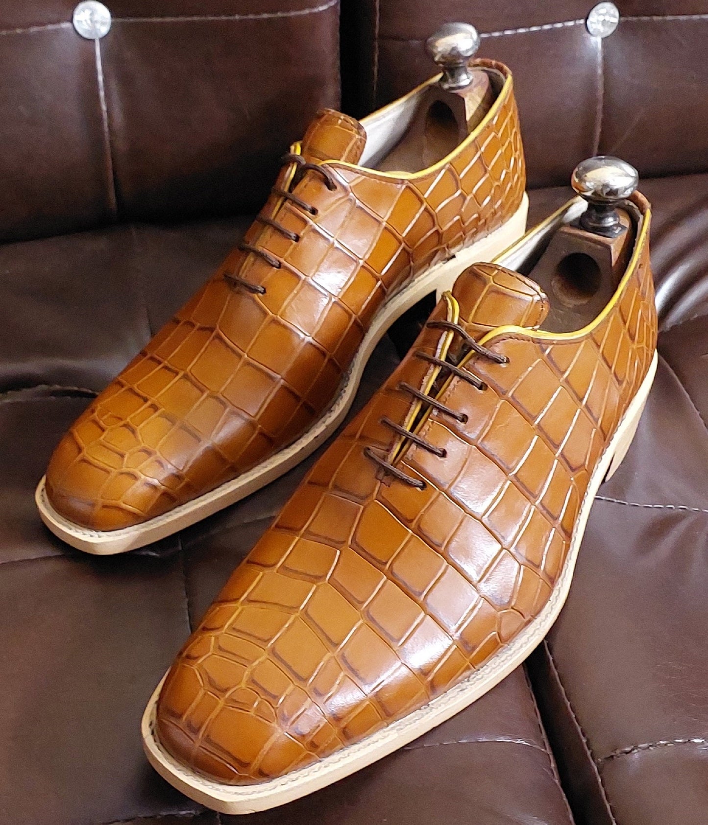 New Men's Handmade Formal Shoes Brown Crocodile Textured Leather Lace Up Stylish Dress & Casual Wear Shoes