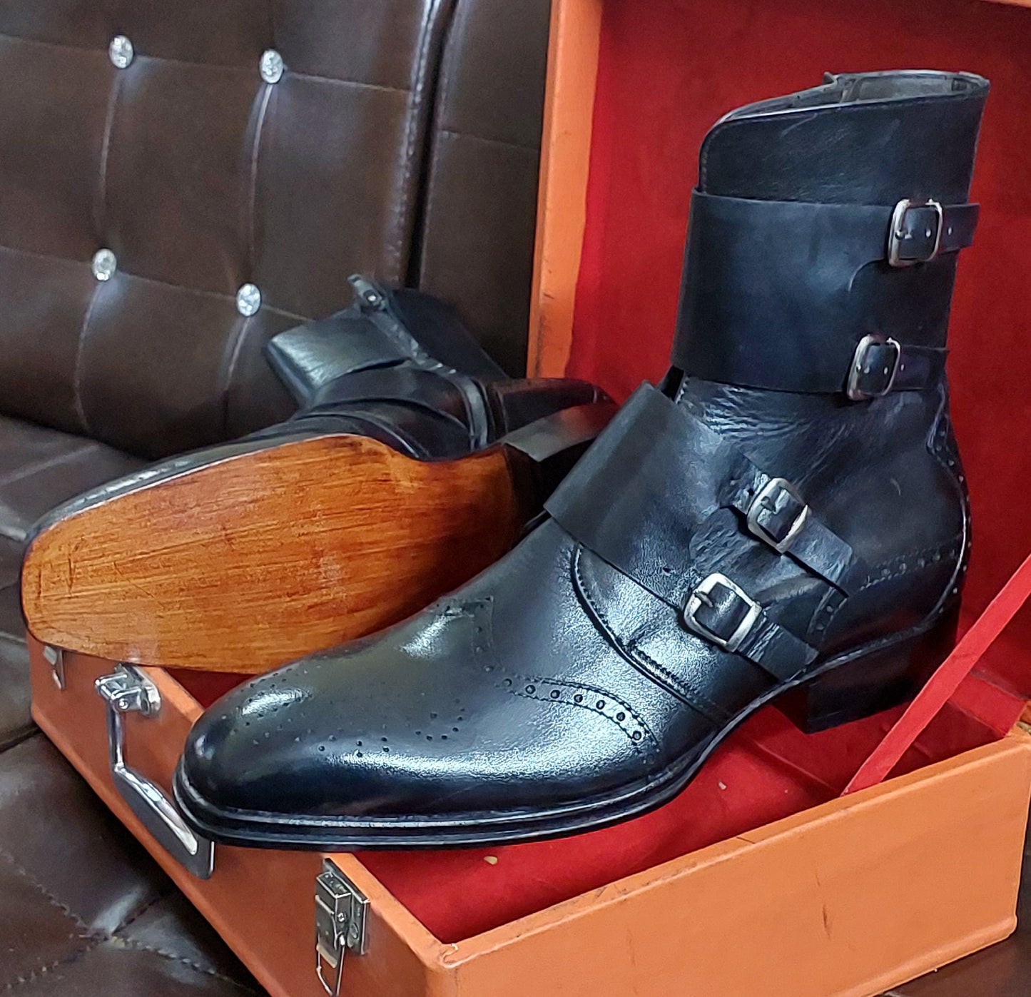 New Men's Handmade Formal Shoes Black Leather Monk Straps 4 Buckle Ankle High Formal Wear Boots