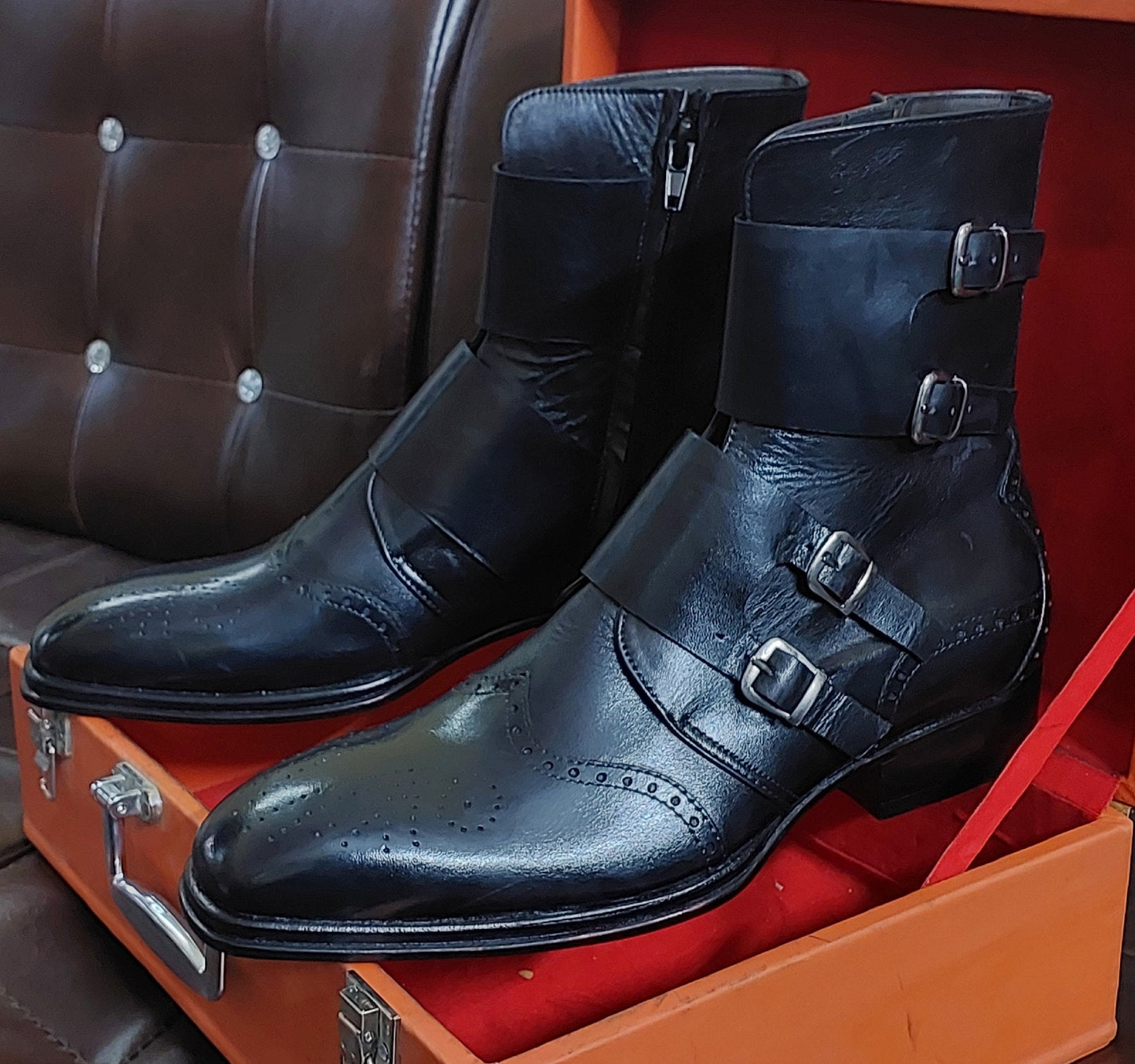 New Men's Handmade Formal Shoes Black Leather Monk Straps 4 Buckle Ankle High Formal Wear Boots