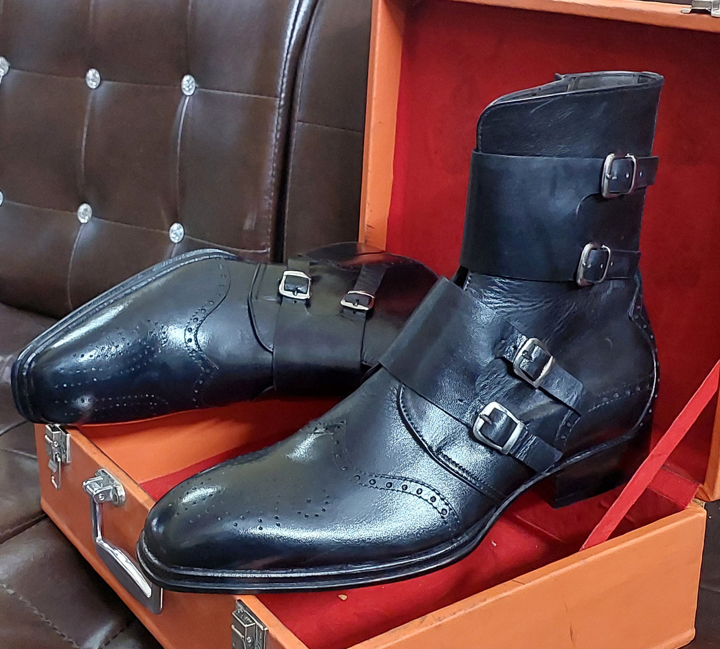 New Men's Handmade Formal Shoes Black Leather Monk Straps 4 Buckle Ankle High Formal Wear Boots