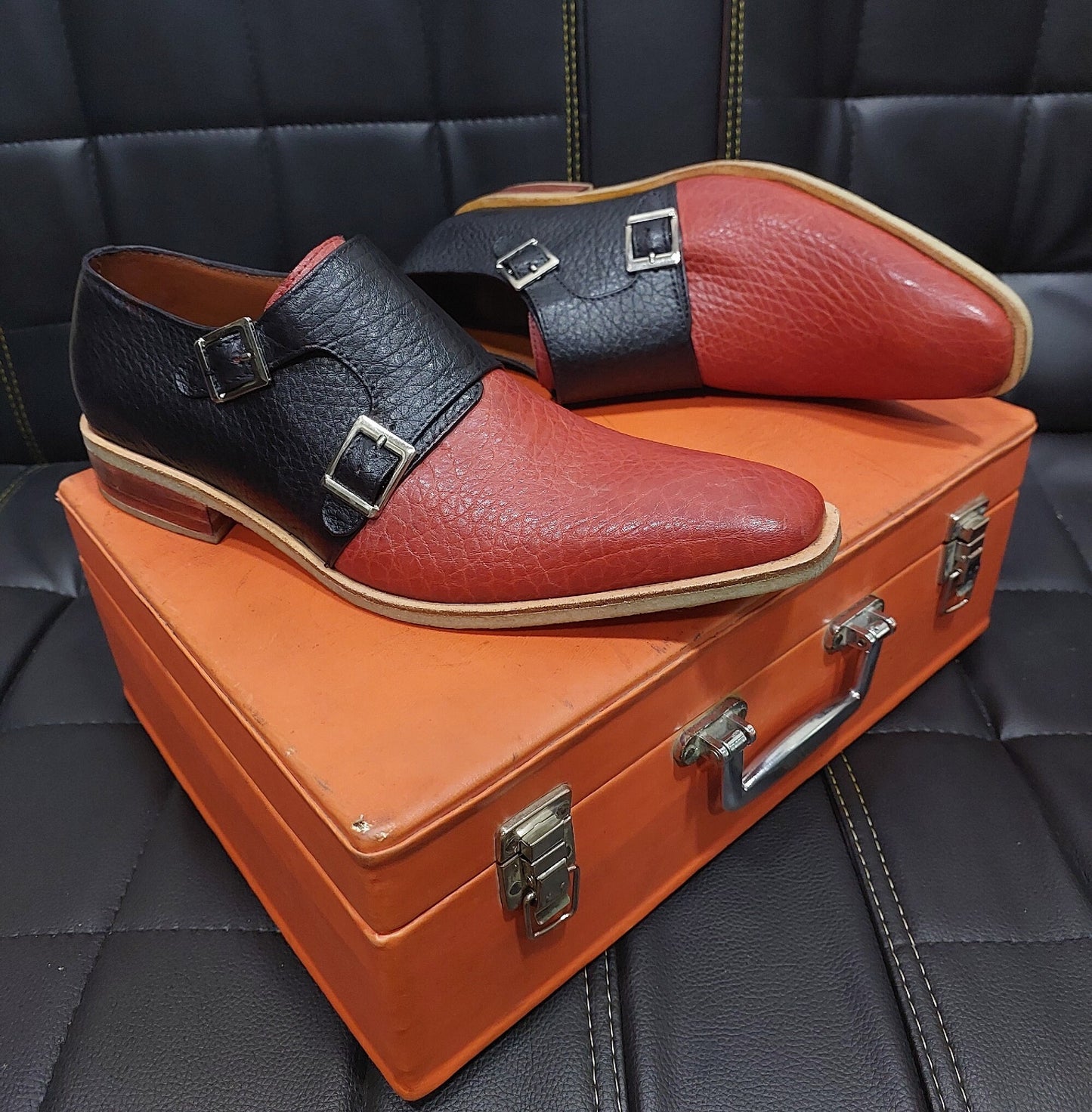 New Men's Handmade Buckle Shoes Red and Black  colour  Leather, double monk,  Wing Tip Dress & Formal Wear Shoes