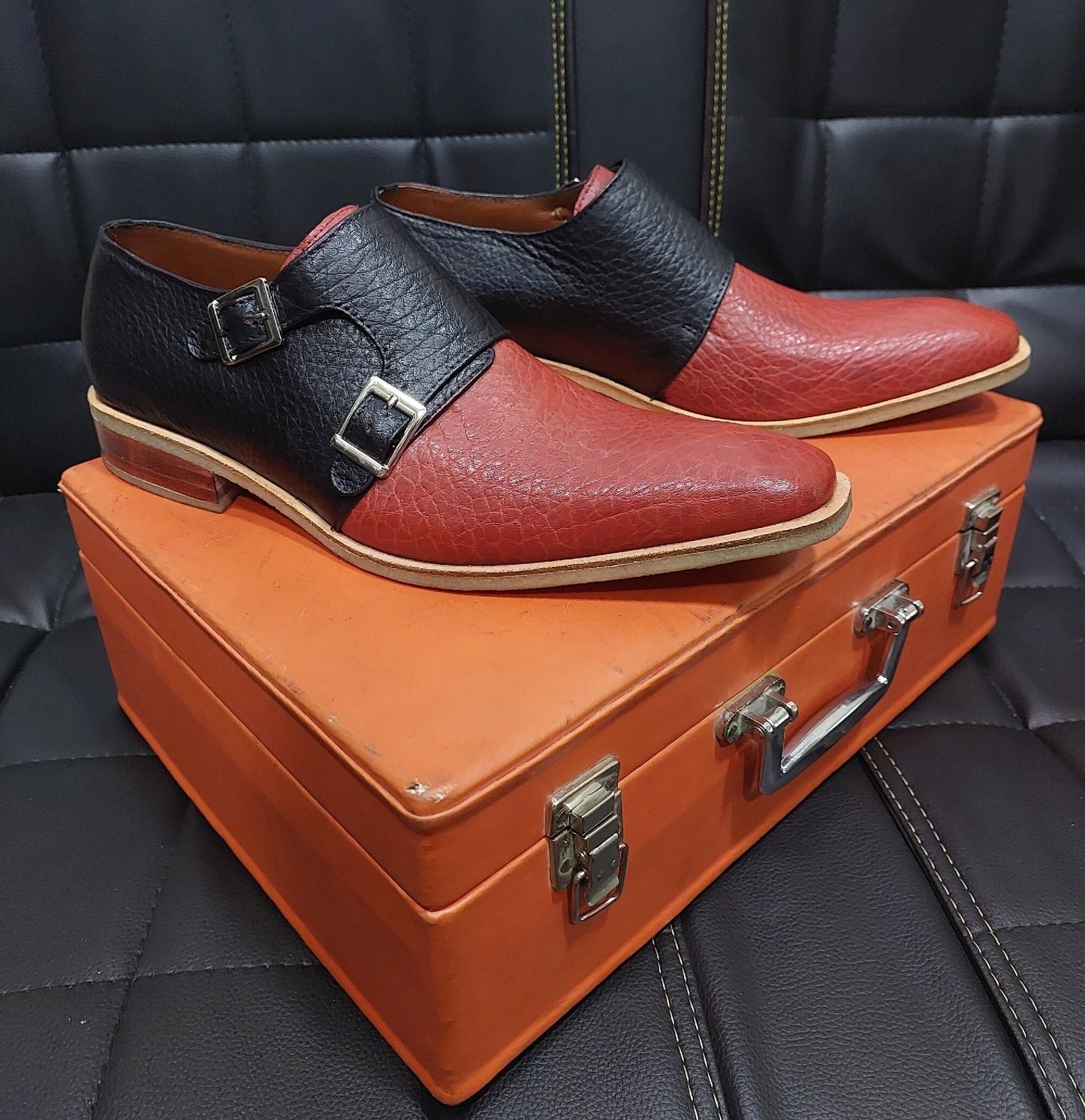 New Men's Handmade Buckle Shoes Red and Black  colour  Leather, double monk,  Wing Tip Dress & Formal Wear Shoes