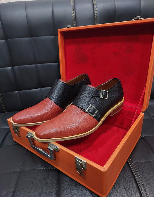 New Men's Handmade Buckle Shoes Red and Black  colour  Leather, double monk,  Wing Tip Dress & Formal Wear Shoes