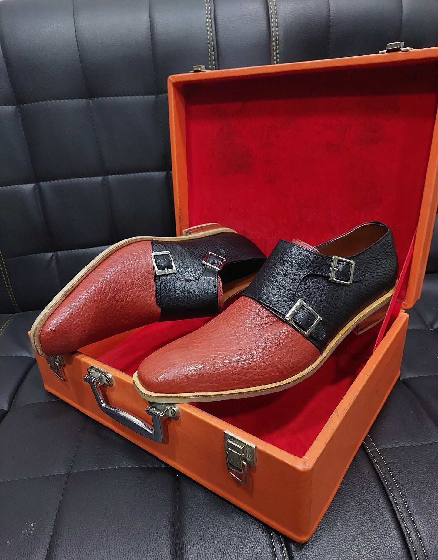 New Men's Handmade Buckle Shoes Red and Black  colour  Leather, double monk,  Wing Tip Dress & Formal Wear Shoes