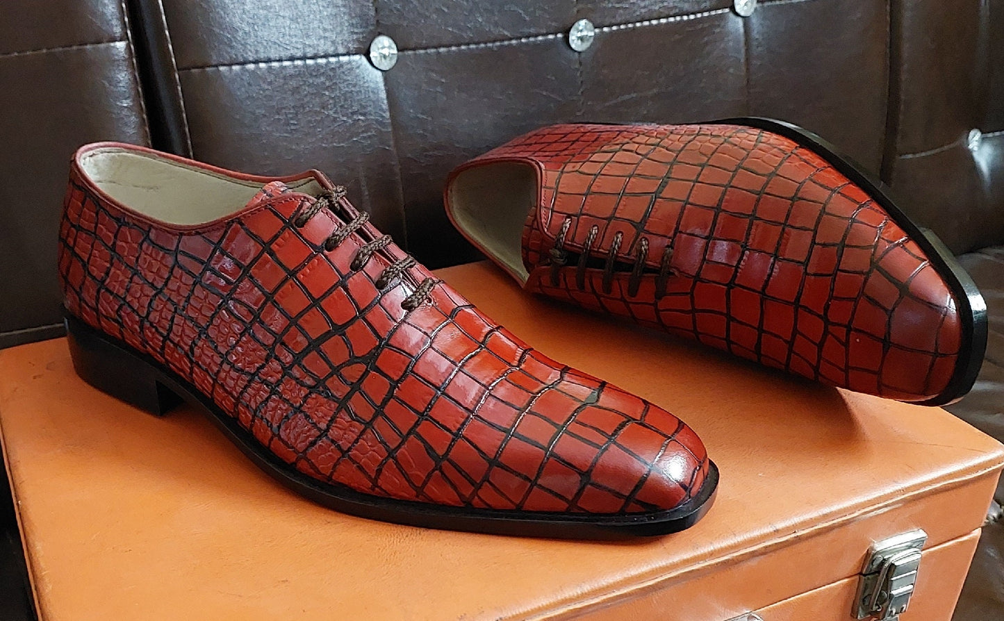 New Men's Handmade Formal Shoes Red Crocodile Textured Leather , Lace Up Stylish Dress & Casual Wear Shoes