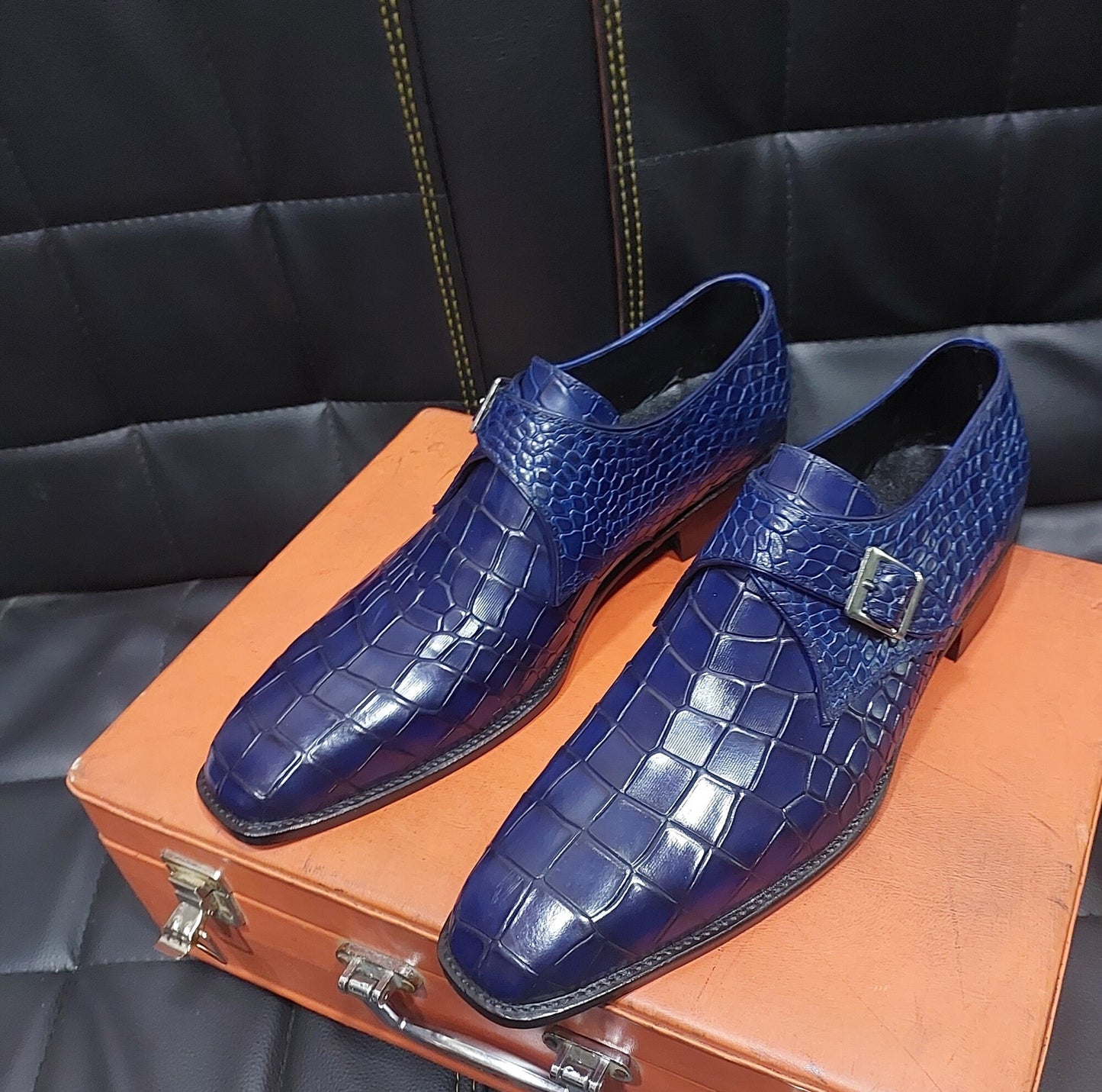 New Men's Handmade Blue Crocodile Textured monk  Stylish Dress & Casual Wear Shoes