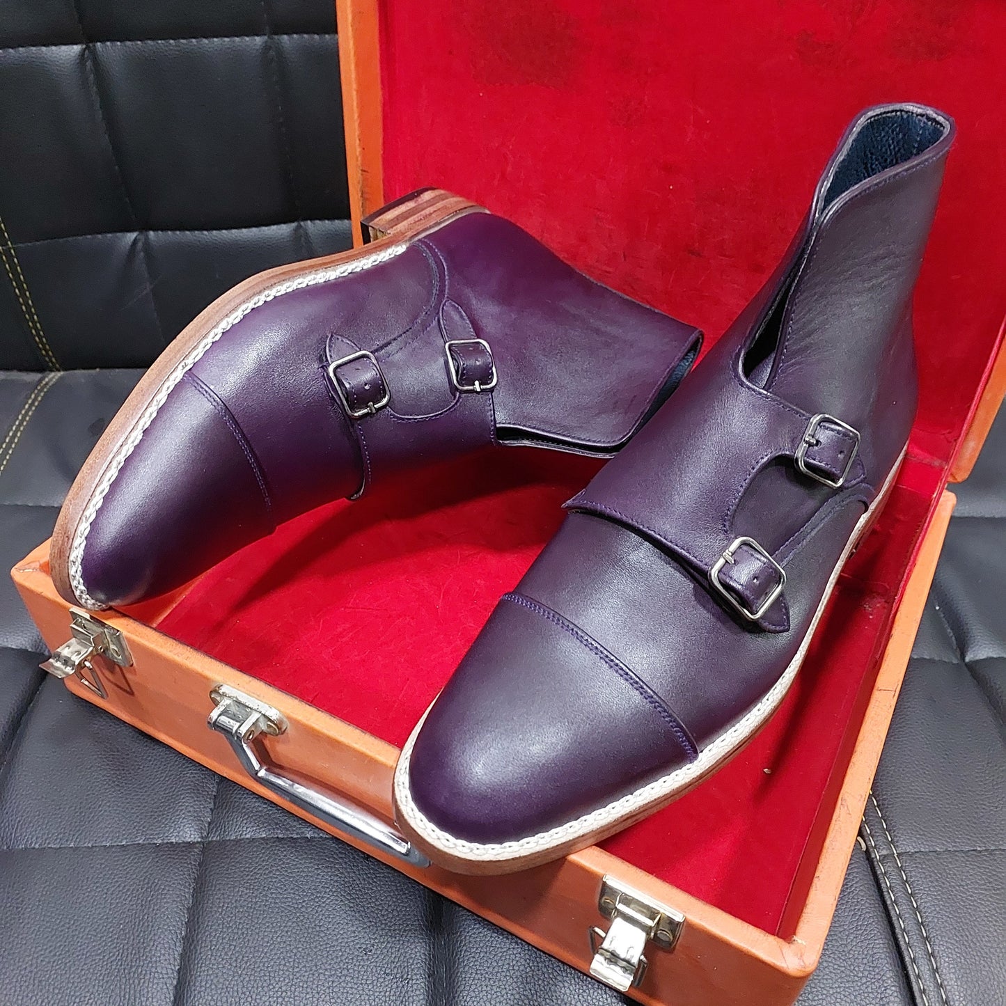 New Men's Handmade Formal Shoes Purple  Leather Lace Up & Monk Straps Double Buckle Ankle High Cap Toe Boots