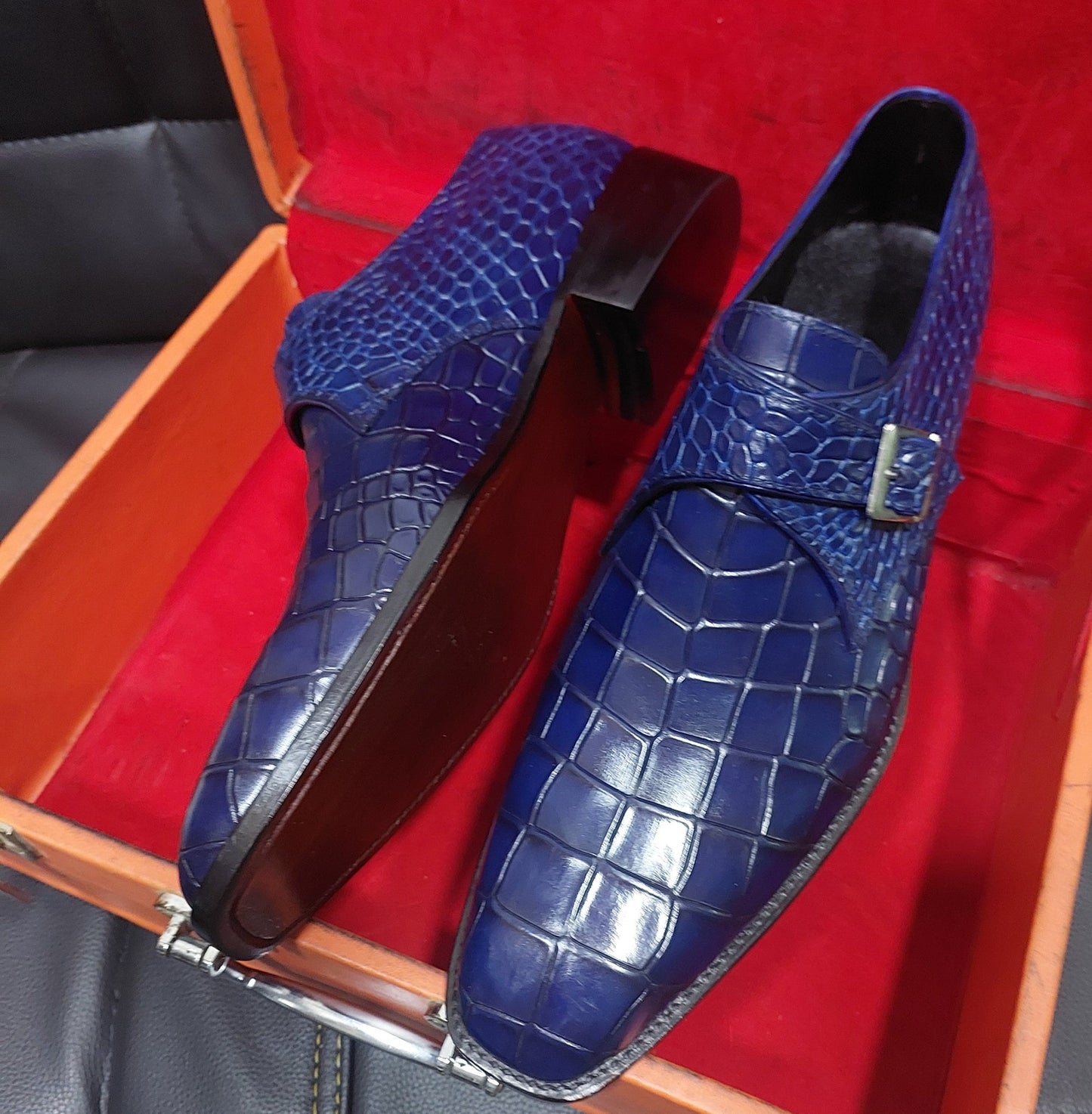 New Men's Handmade Blue Crocodile Textured monk  Stylish Dress & Casual Wear Shoes