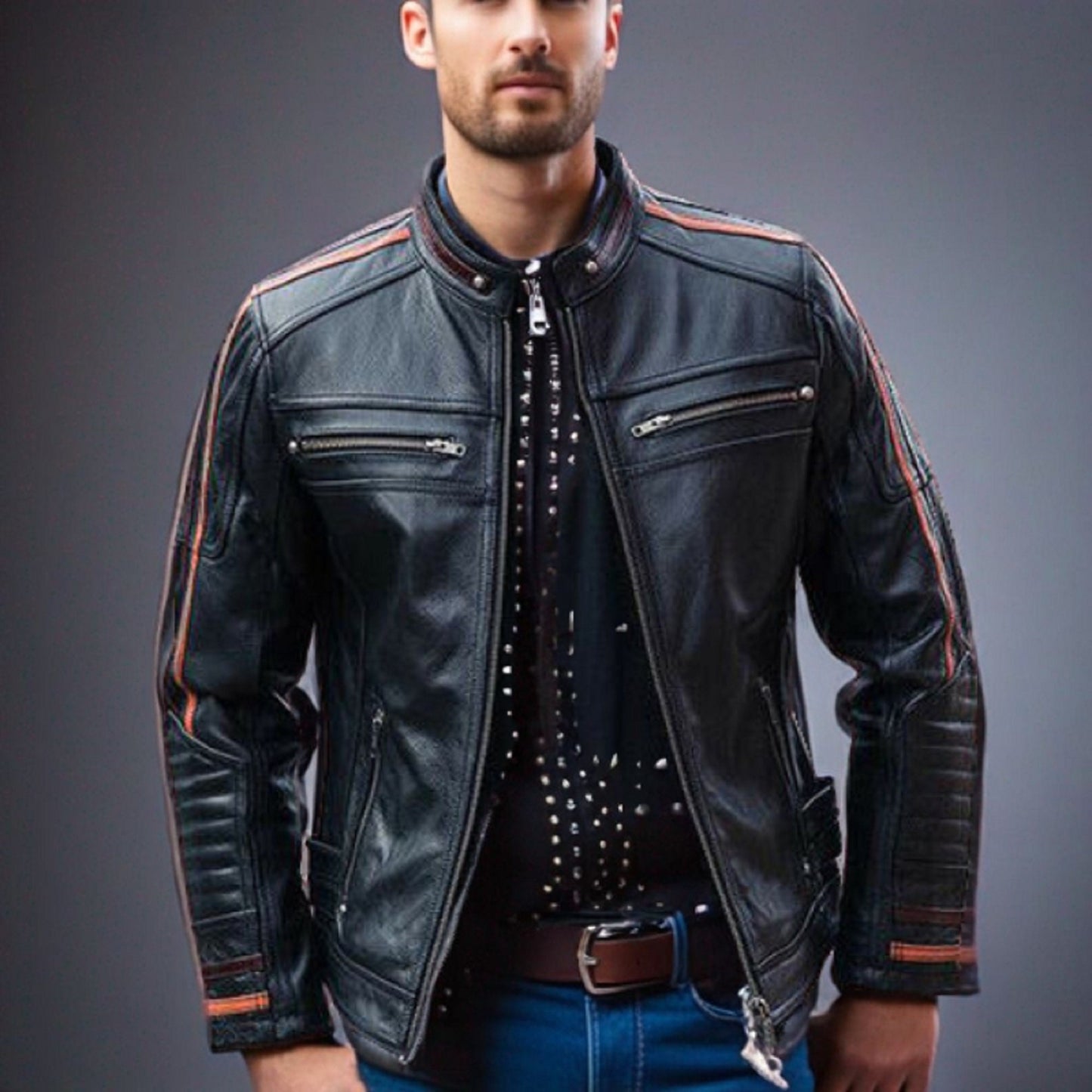 Handmade Men's Black Lambskin Café Racer Slim fit Biker Real Leather Motorcycle Jacket Style  Men's Jackets