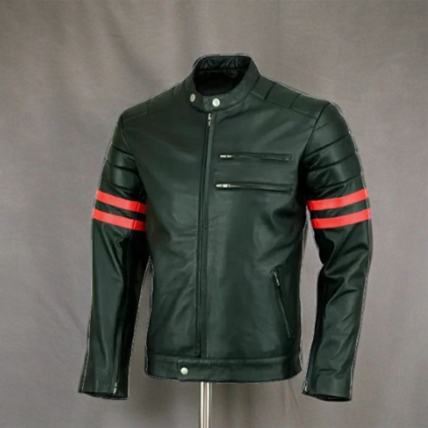 Handmade Men's Red Striped Black Leather Jacket Style  Men's Jackets