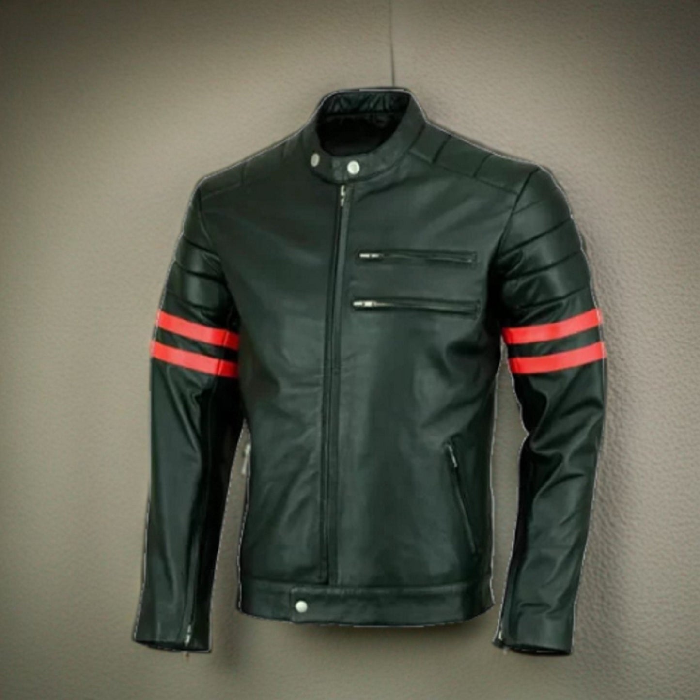 Handmade Men's Red Striped Black Leather Jacket Style  Men's Jackets