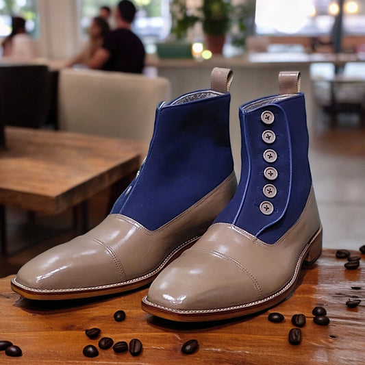 Handmade Men's Formal Shoes Blue Suede and  Light brown Leather Ankle High Button Boots