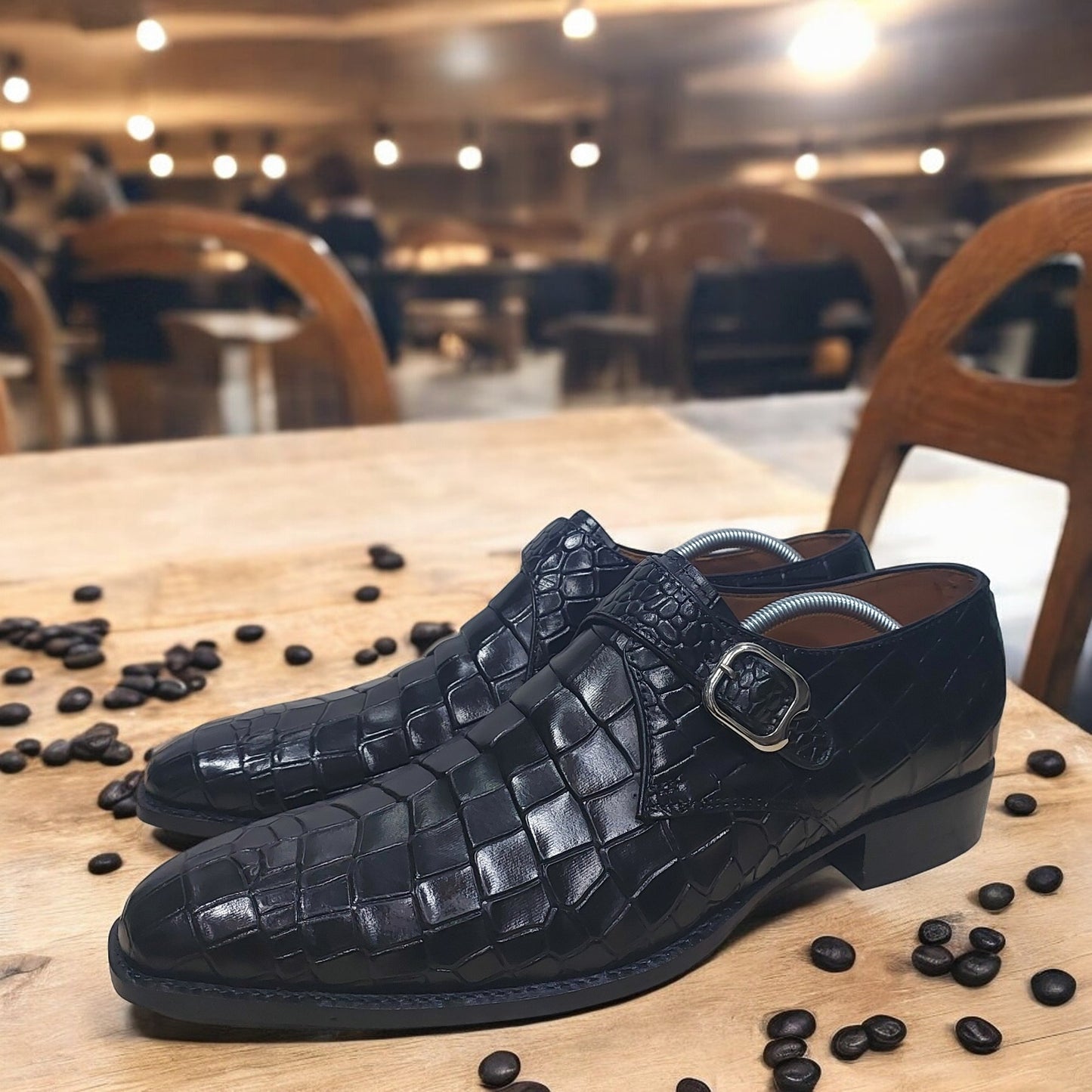 Handmade Men's Formal Shoes in Black   Crocodile Texture, Lace Up Oxford