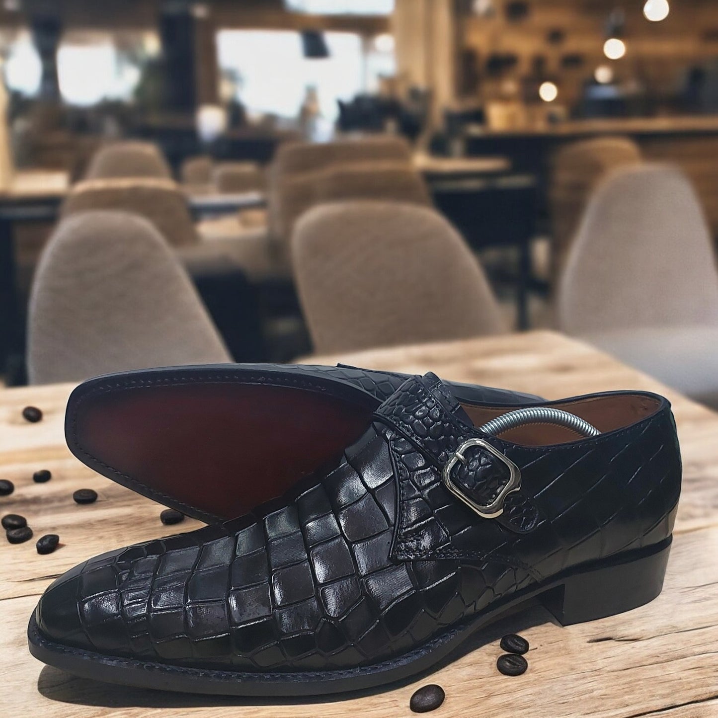 Handmade Men's Formal Shoes in Black   Crocodile Texture, Lace Up Oxford