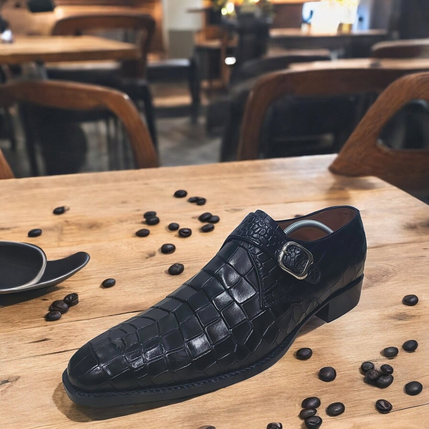 Handmade Men's Formal Shoes in Black   Crocodile Texture, Lace Up Oxford