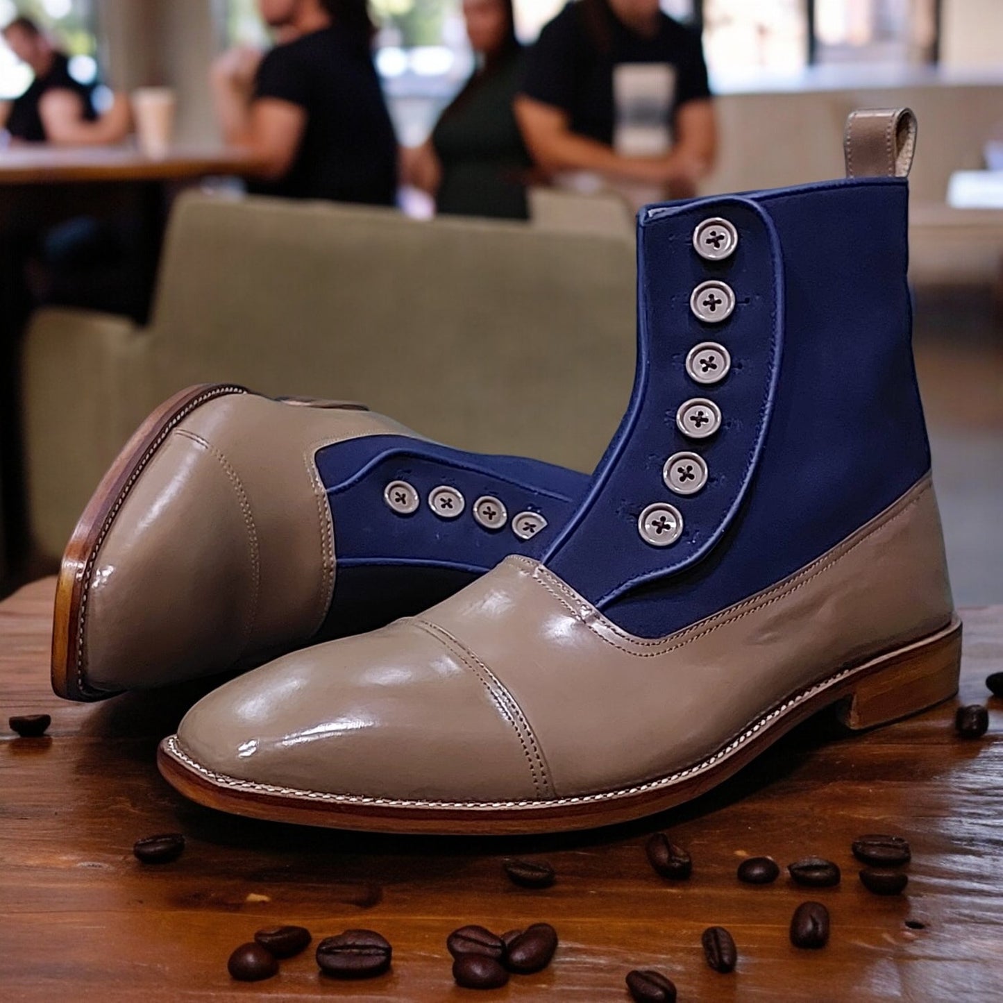 Handmade Men's Formal Shoes Blue Suede and  Light brown Leather Ankle High Button Boots